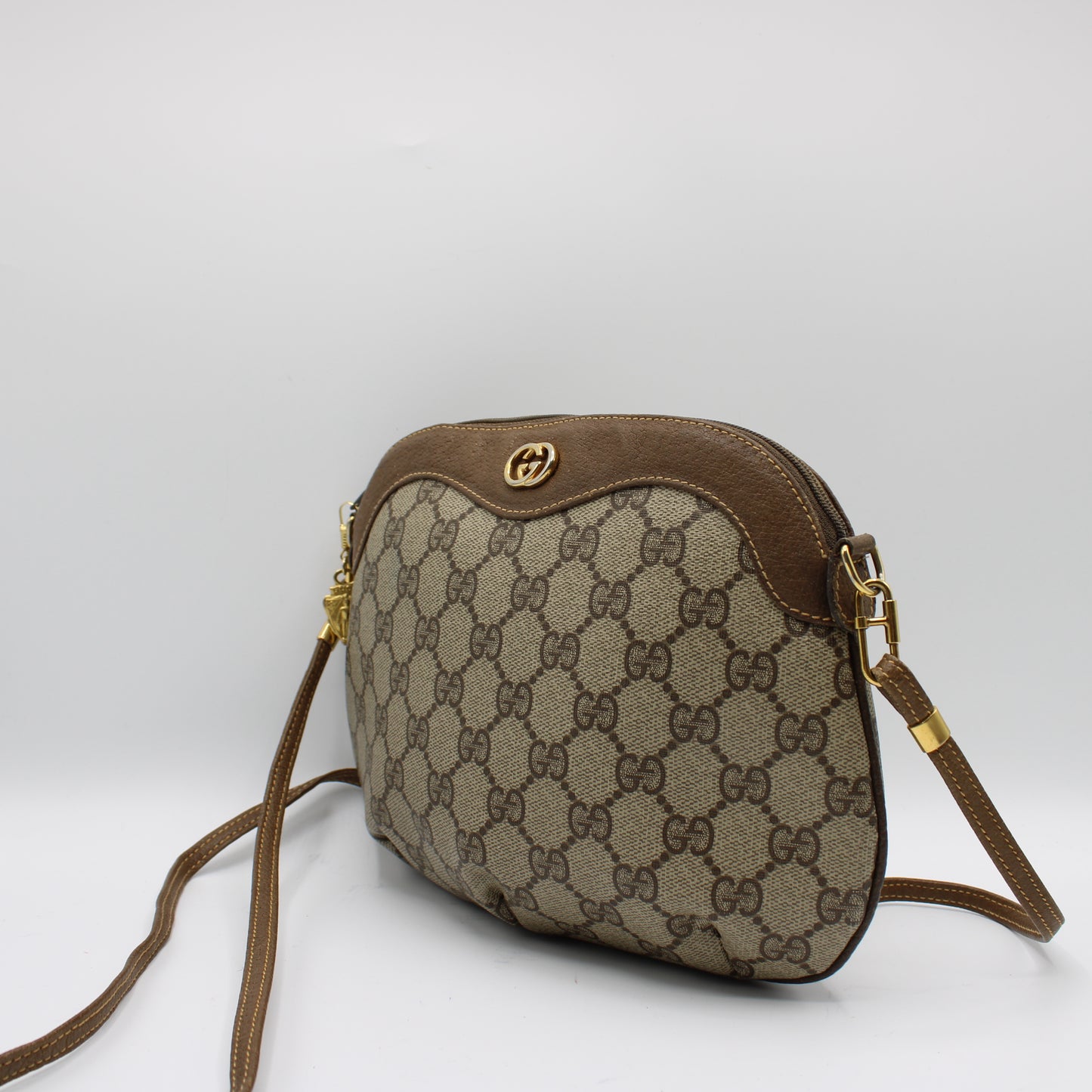 Gucci GG Canvas Brown Leather Marmot Crossbody Zip-Top Shoulder Bag