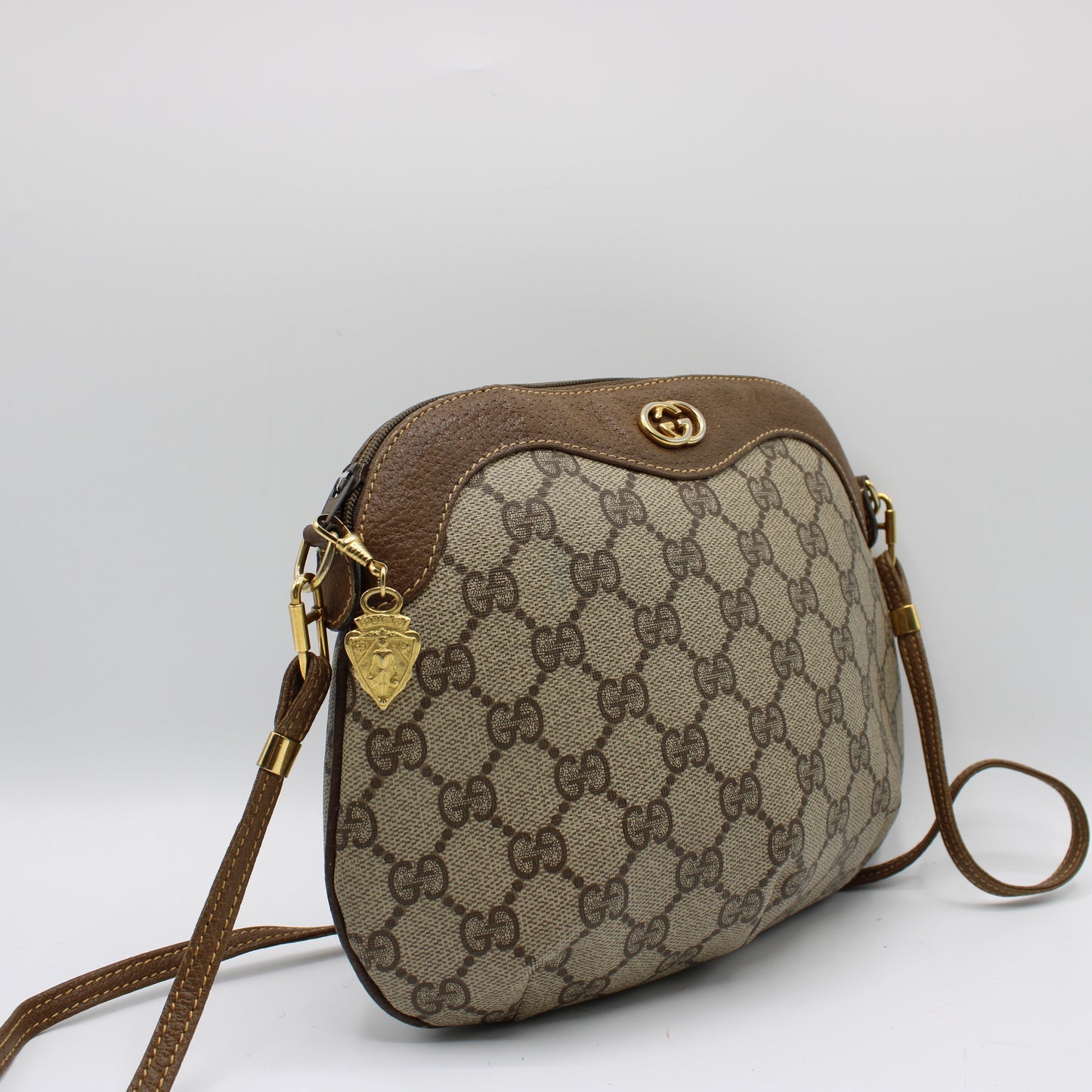 Gucci GG Canvas Brown Leather Marmot Crossbody Zip-Top Shoulder Bag