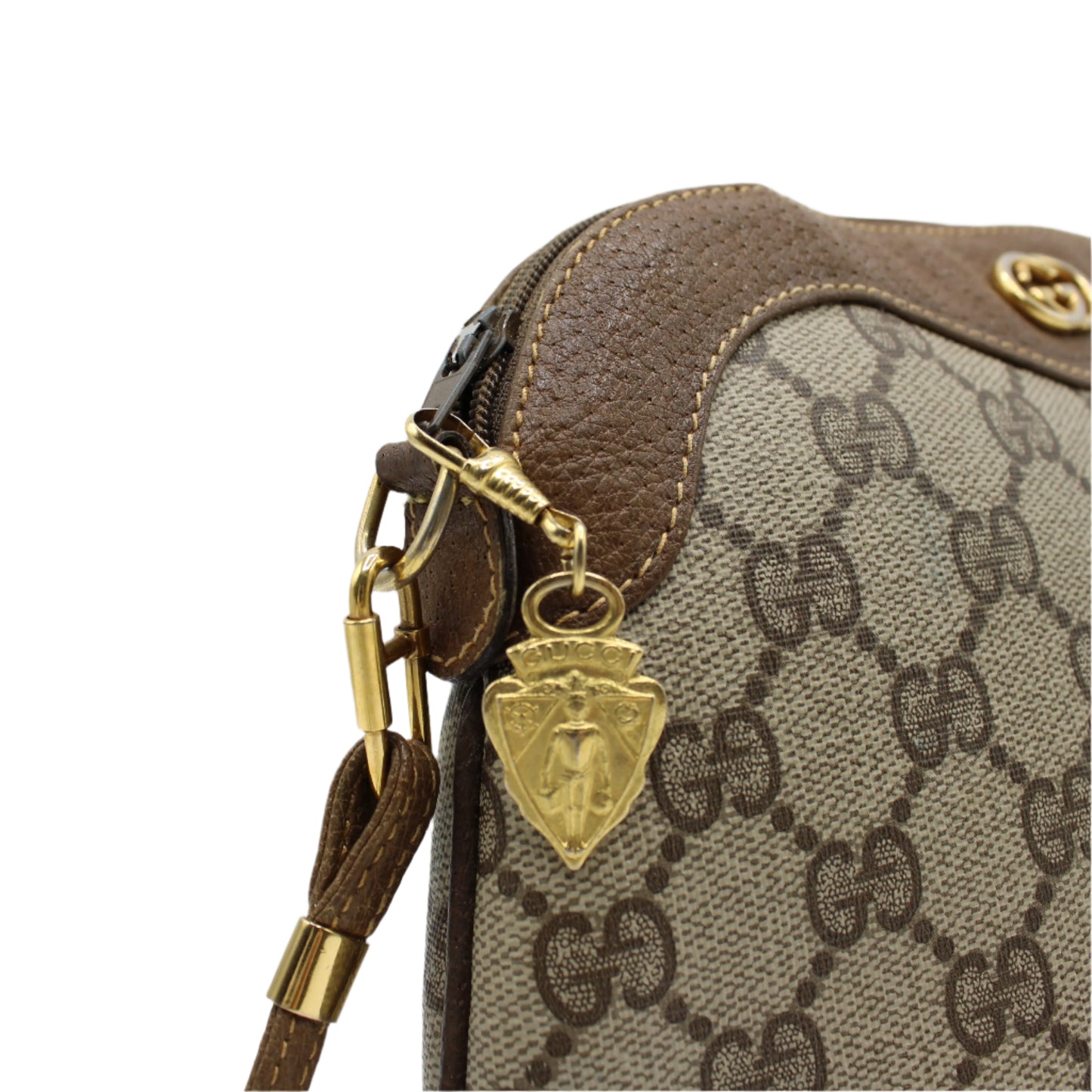 Gucci GG Canvas Brown Leather Marmot Crossbody Zip-Top Shoulder Bag