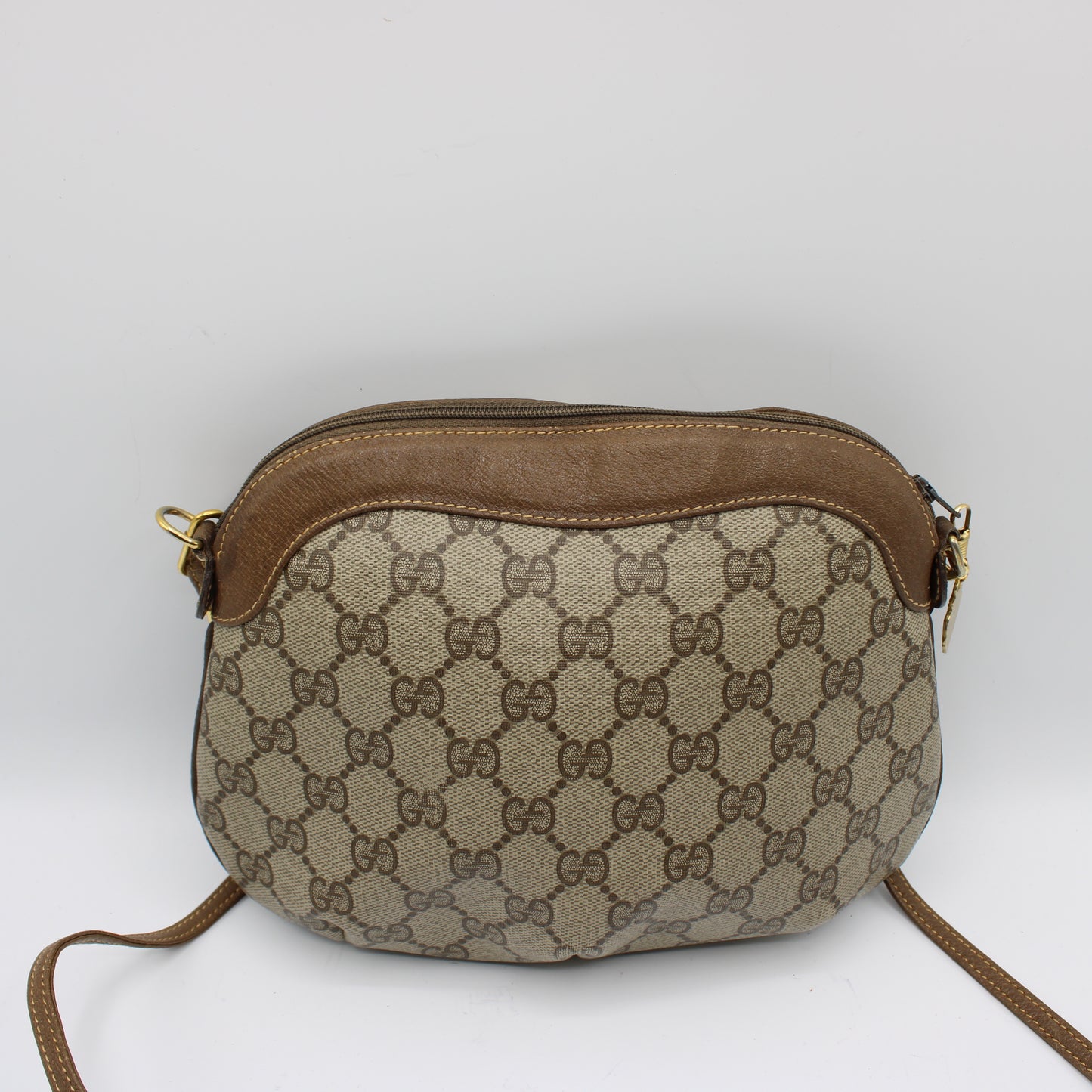 Gucci GG Canvas Brown Leather Marmot Crossbody Zip-Top Shoulder Bag