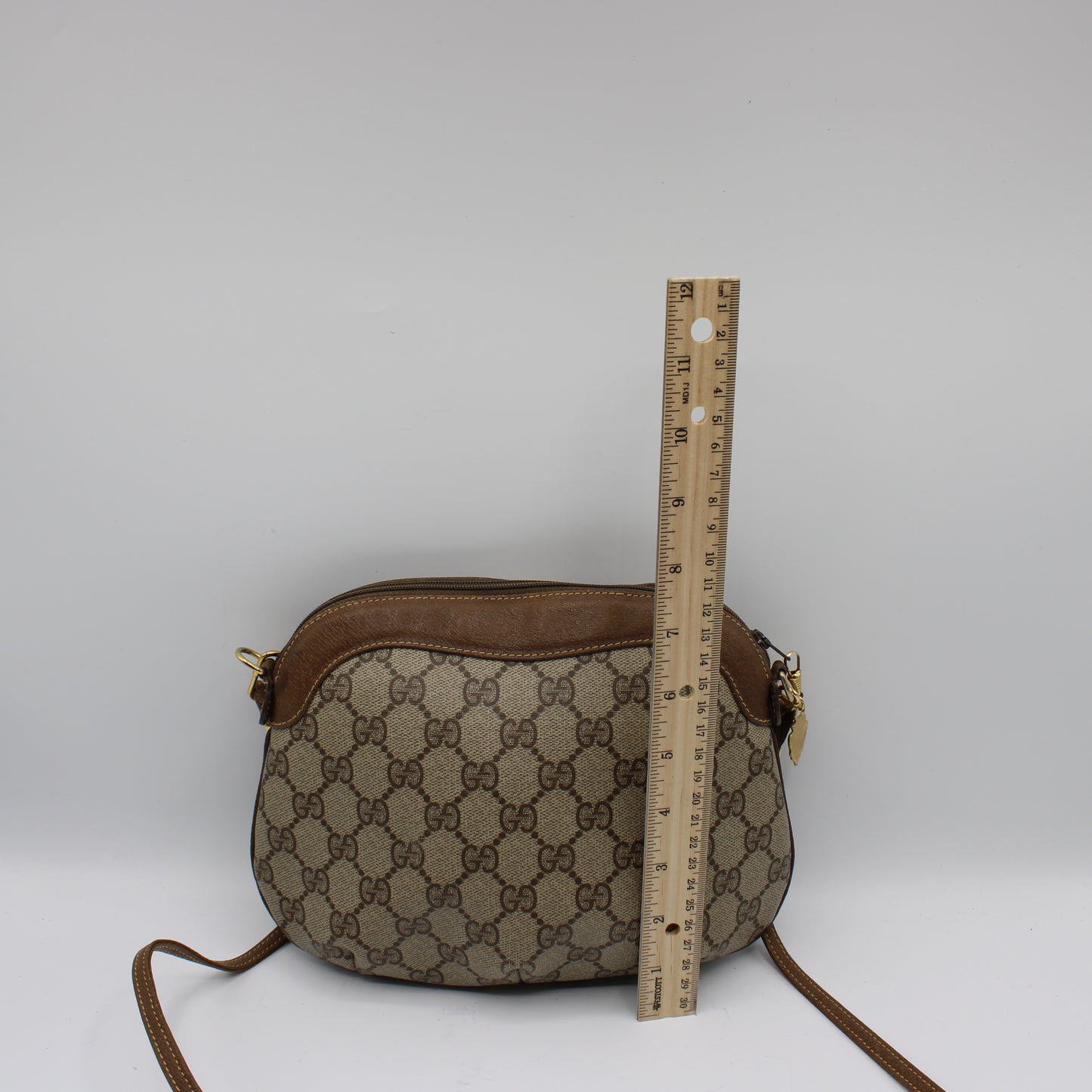 Gucci GG Canvas Brown Leather Marmot Crossbody Zip-Top Shoulder Bag