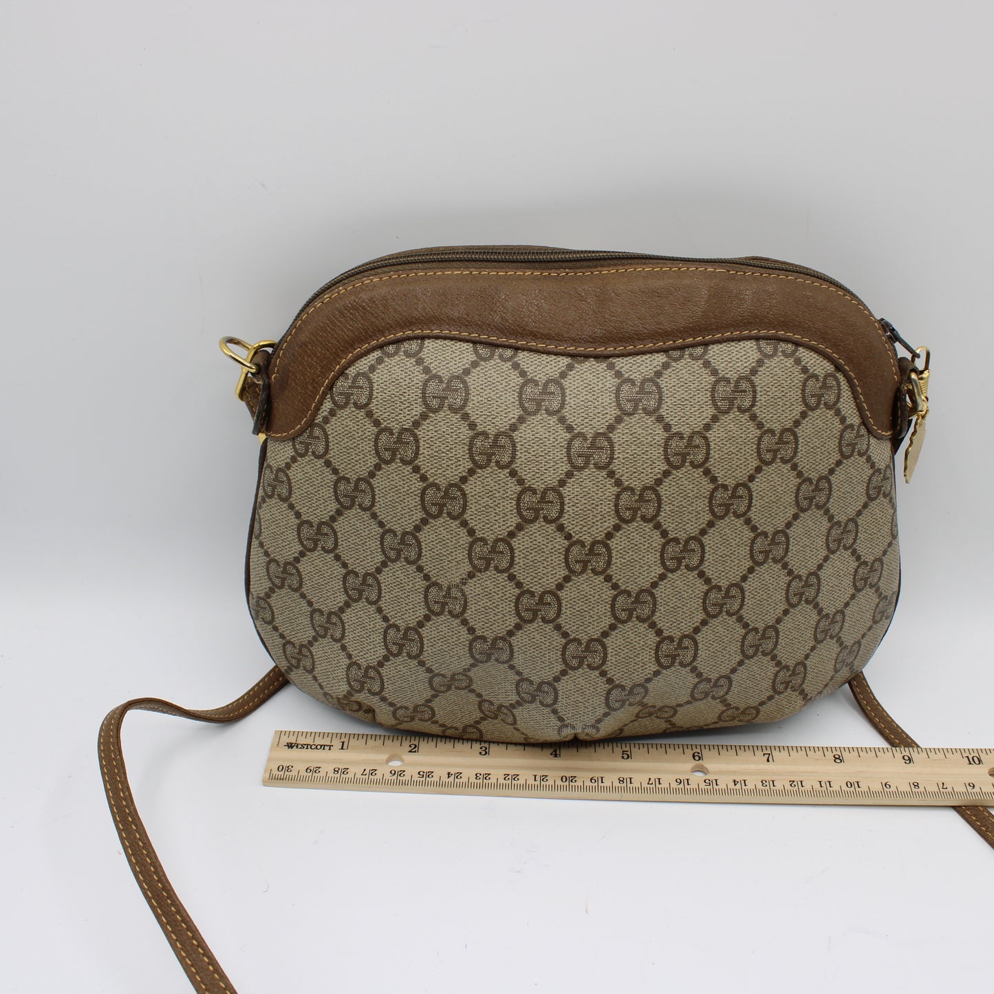 Gucci GG Canvas Brown Leather Marmot Crossbody Zip-Top Shoulder Bag