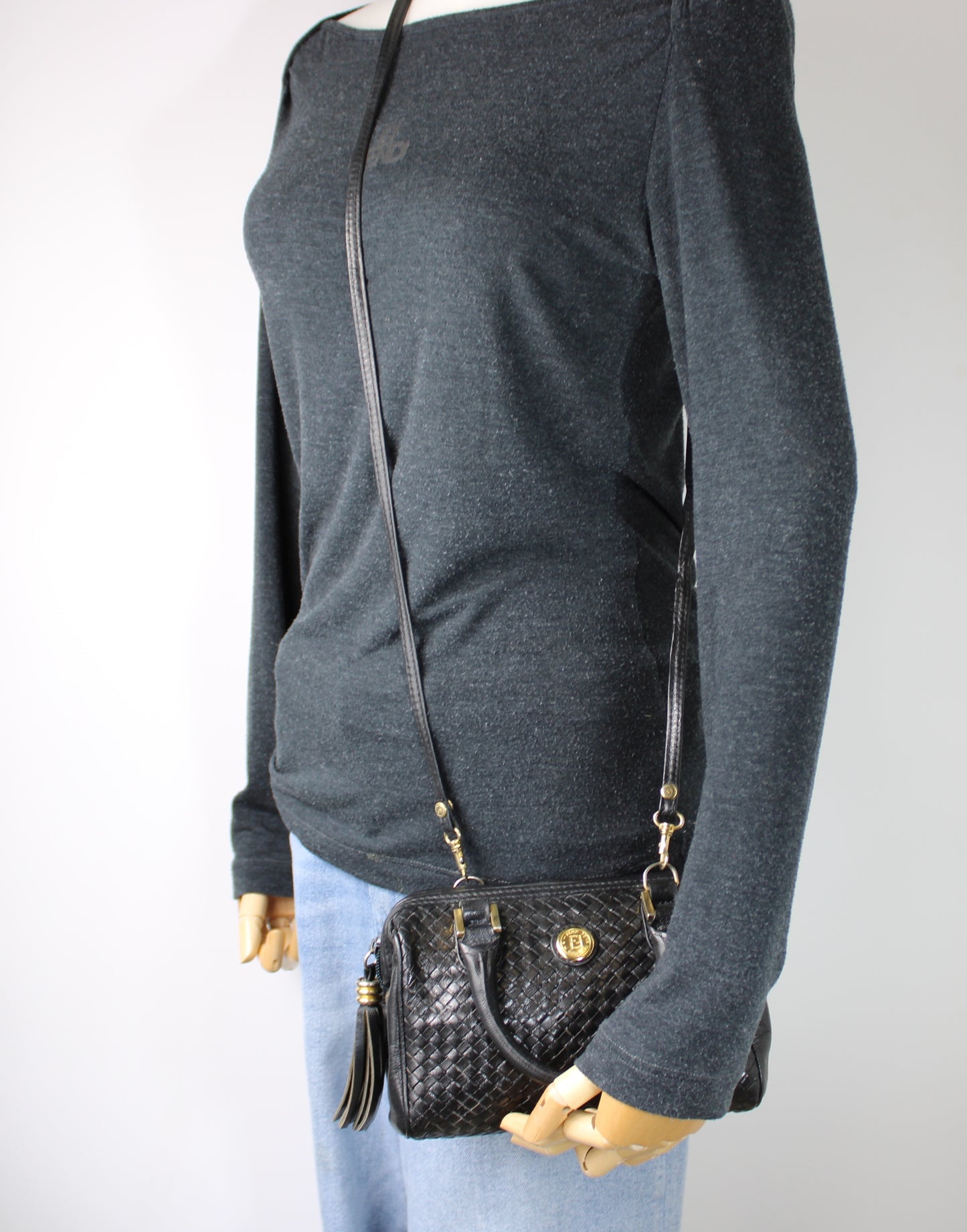 Fendi Dark Navy Woven Leather Mini Crossbody Boston Bag