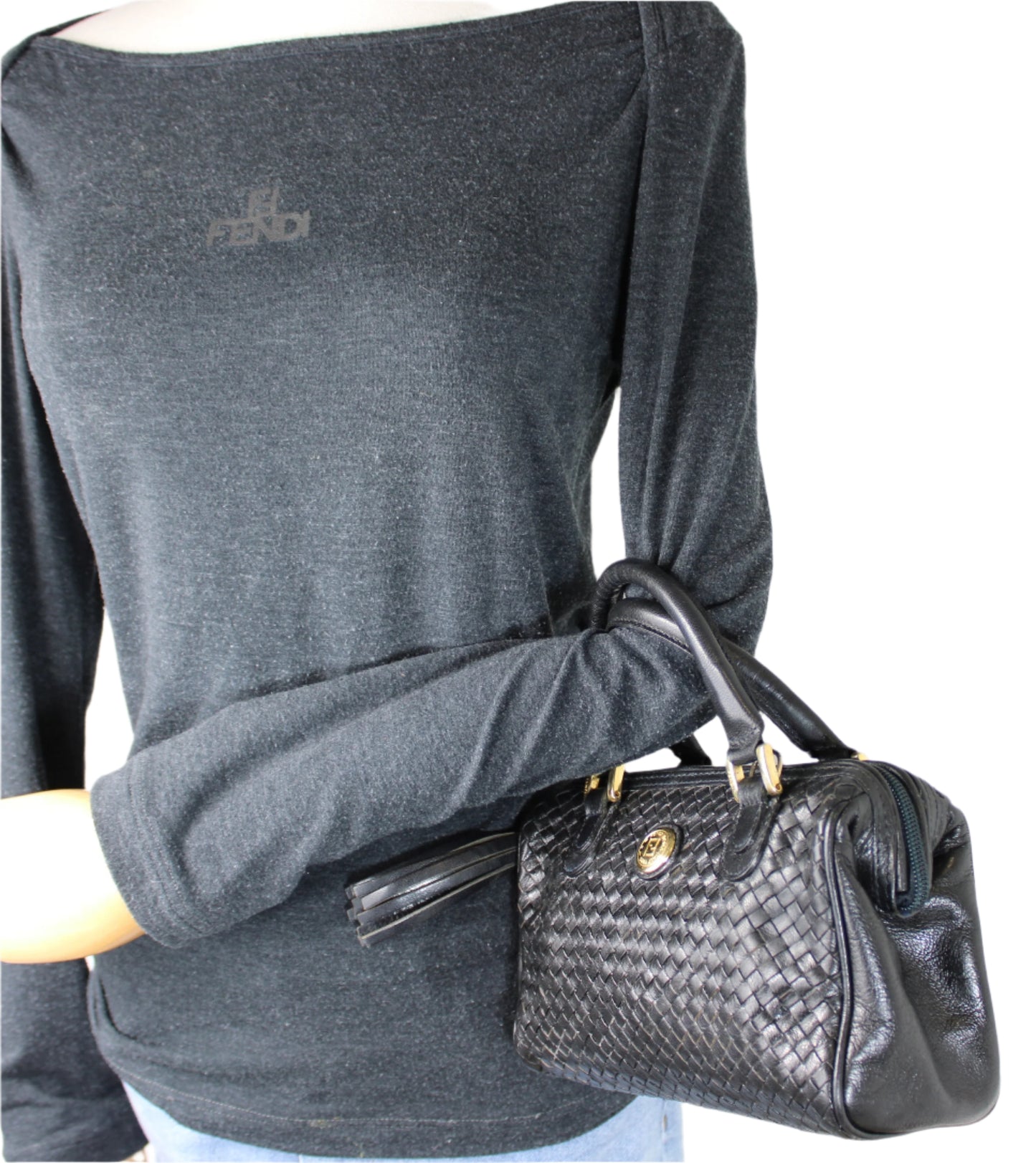 Fendi Dark Navy Woven Leather Mini Crossbody Boston Bag