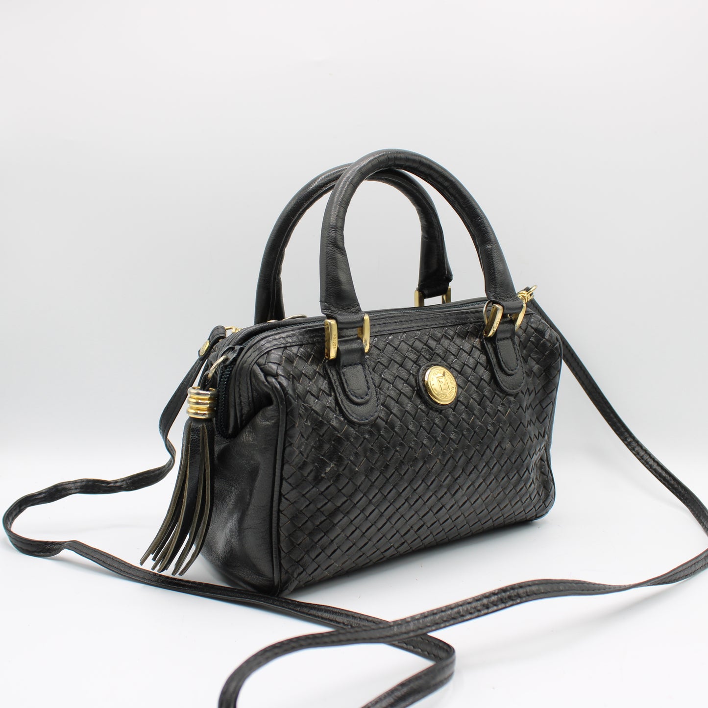 Fendi Dark Navy Woven Leather Mini Crossbody Boston Bag