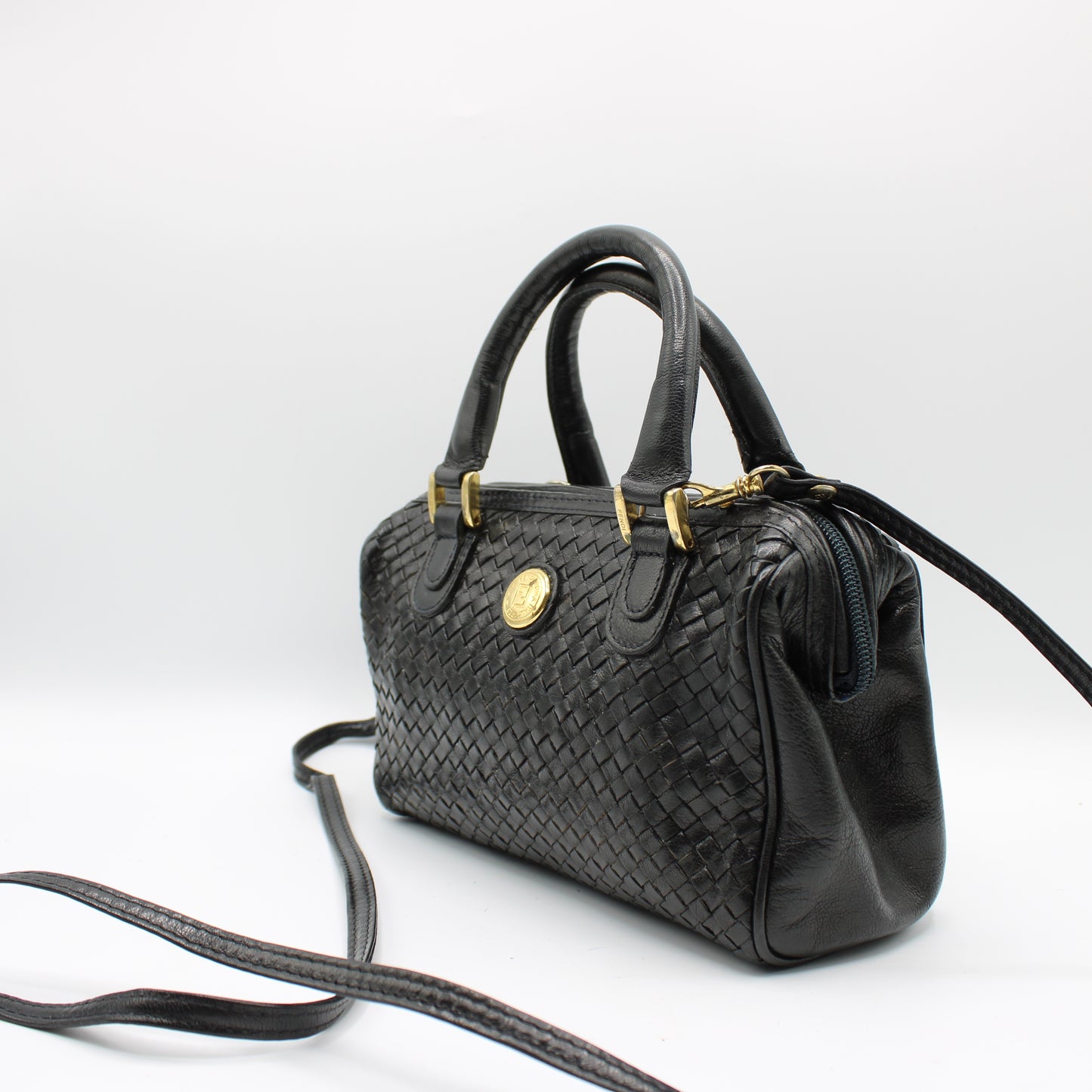 Fendi Dark Navy Woven Leather Mini Crossbody Boston Bag