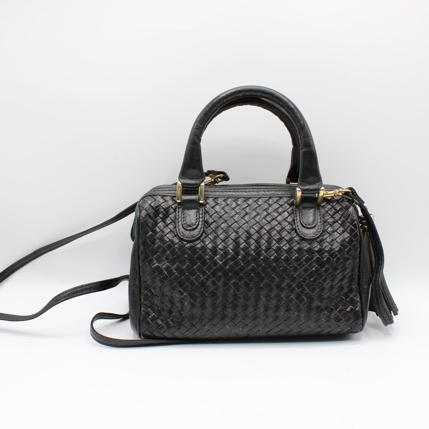 Fendi Dark Navy Woven Leather Mini Crossbody Boston Bag