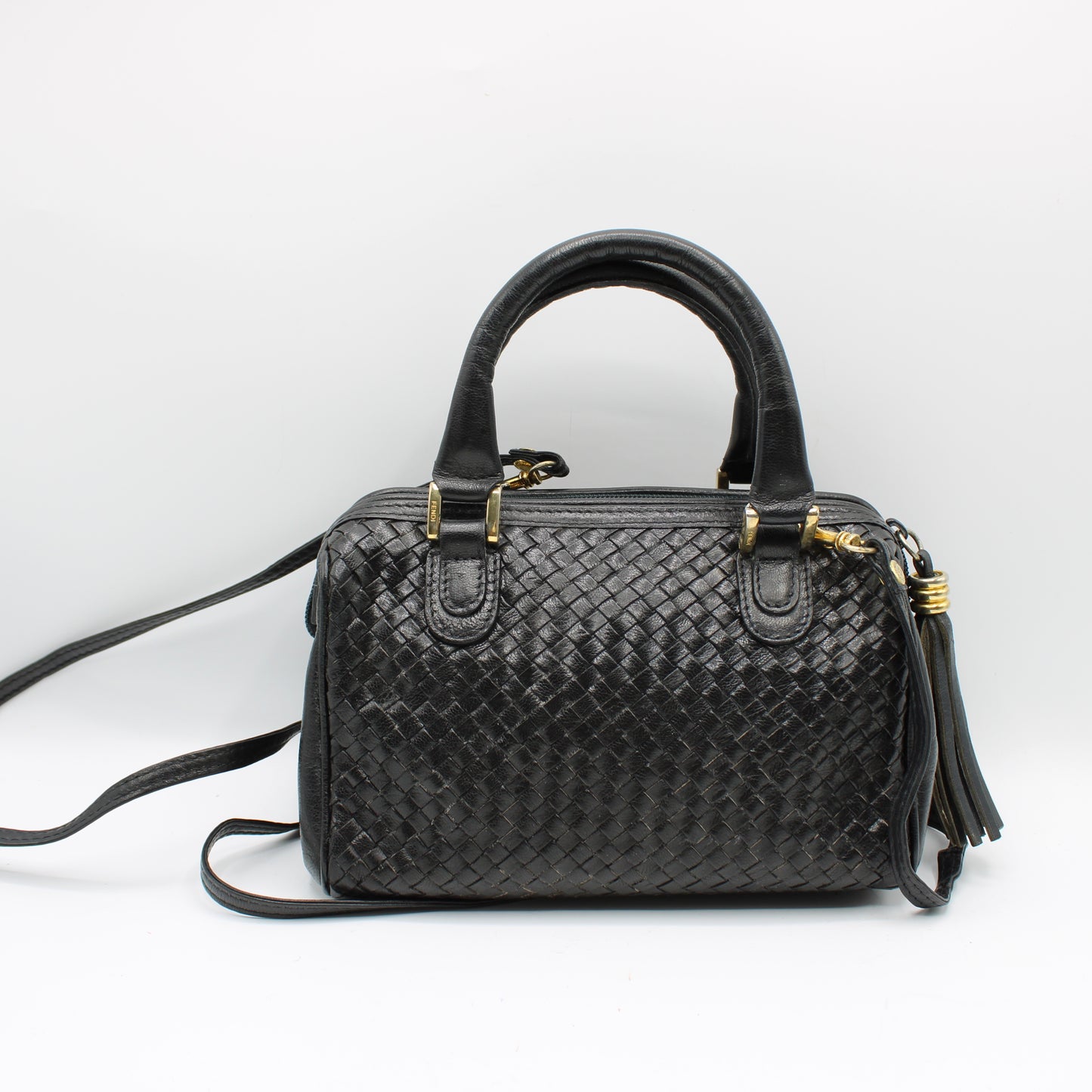 Fendi Dark Navy Woven Leather Mini Crossbody Boston Bag