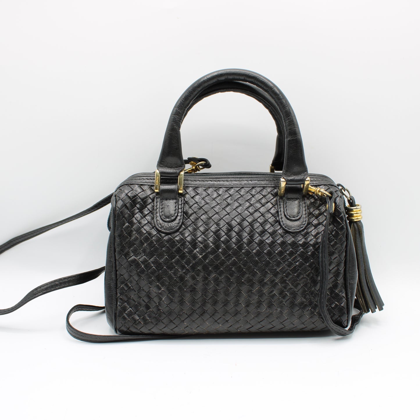 Fendi Dark Navy Woven Leather Mini Crossbody Boston Bag