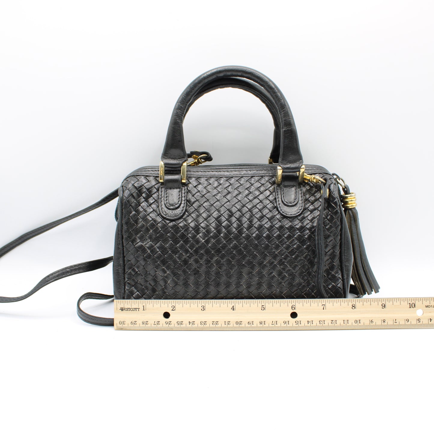 Fendi Dark Navy Woven Leather Mini Crossbody Boston Bag