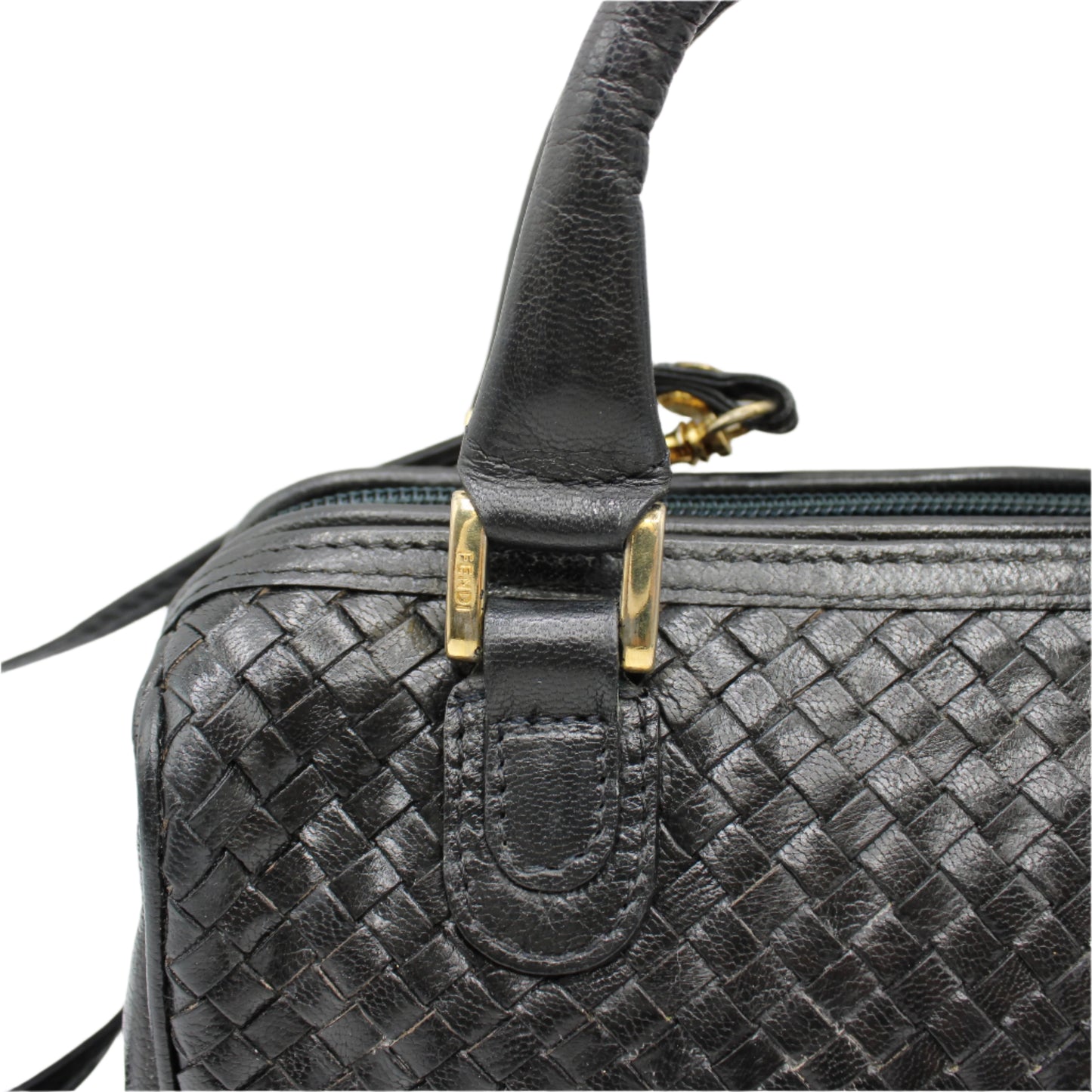 Fendi Dark Navy Woven Leather Mini Crossbody Boston Bag