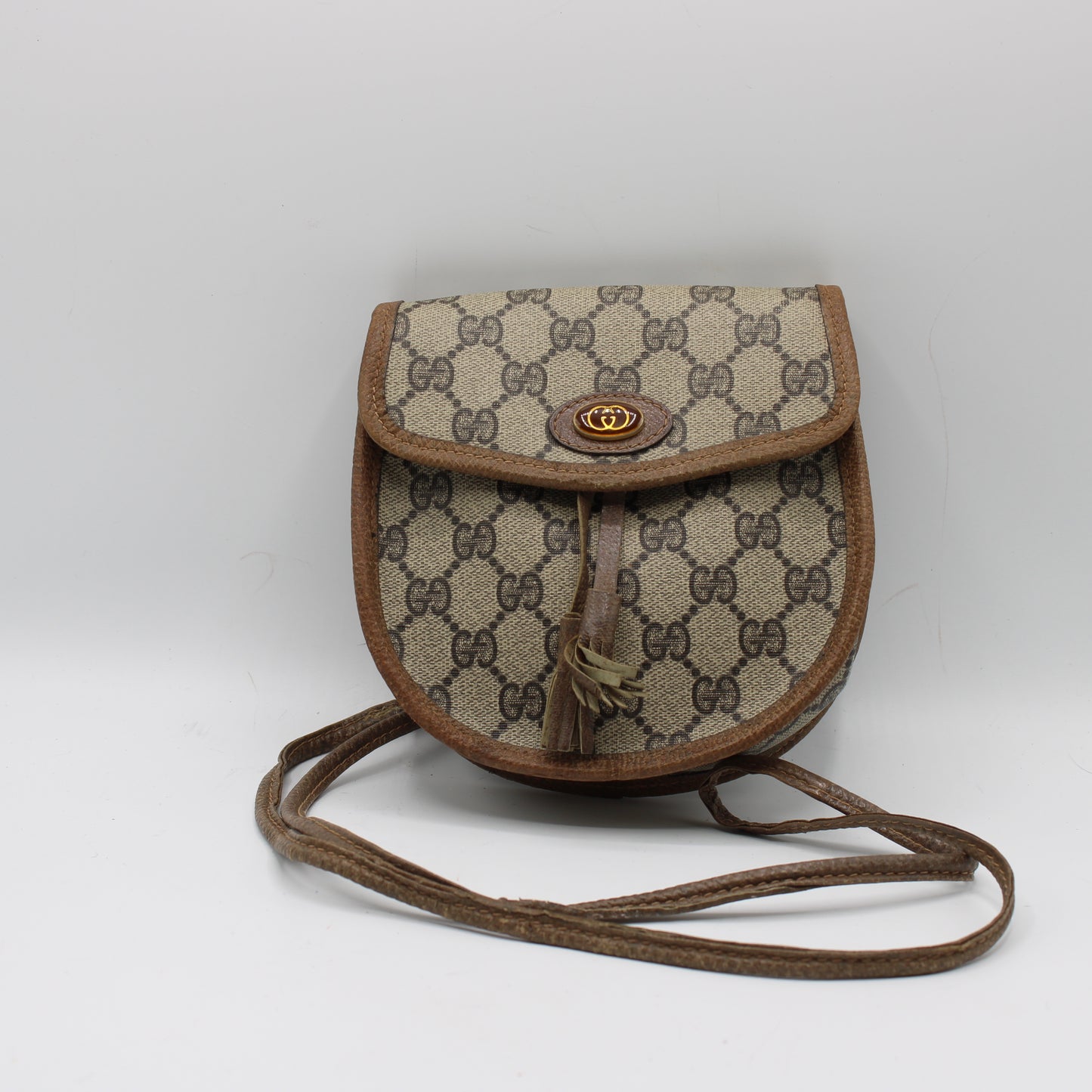 Gucci Beige GG Canvas Leather Trim Oval Crossbody Bag
