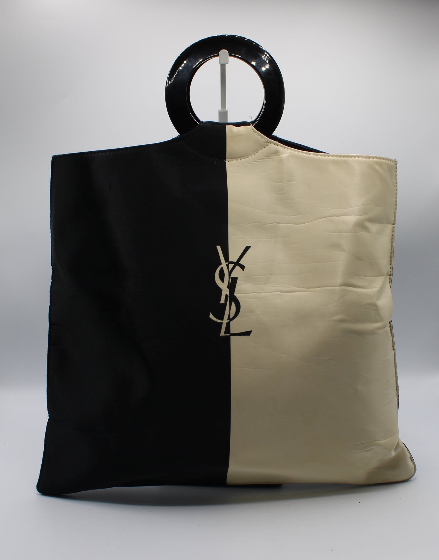Yves Saint Laurent Black White Cloth Logo Ring Handle Tote Bag