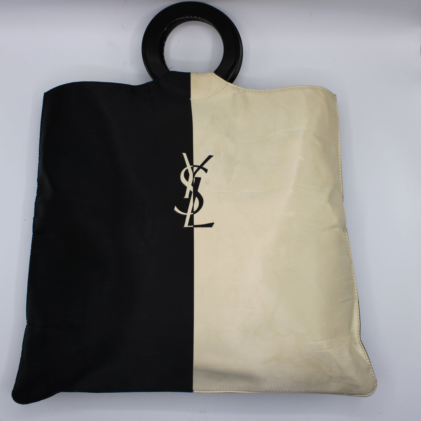 Yves Saint Laurent Black White Cloth Logo Ring Handle Tote Bag