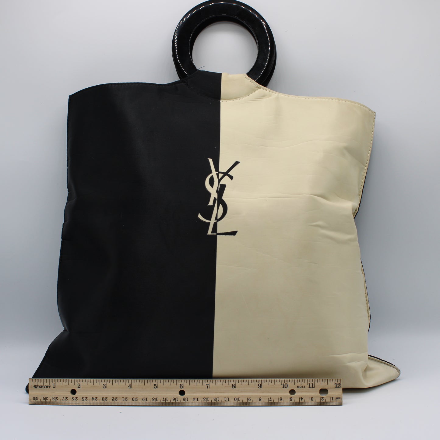 Yves Saint Laurent Black White Cloth Logo Ring Handle Tote Bag