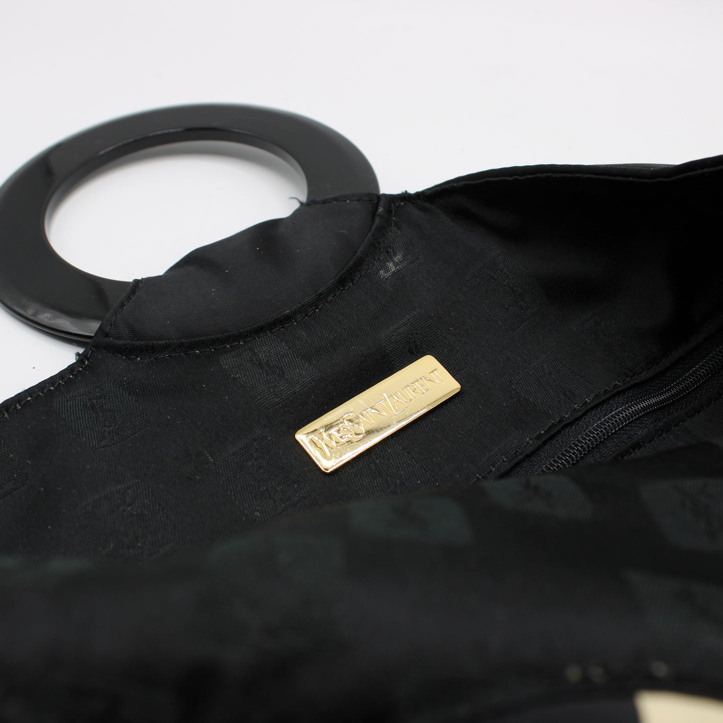 Yves Saint Laurent Black White Cloth Logo Ring Handle Tote Bag