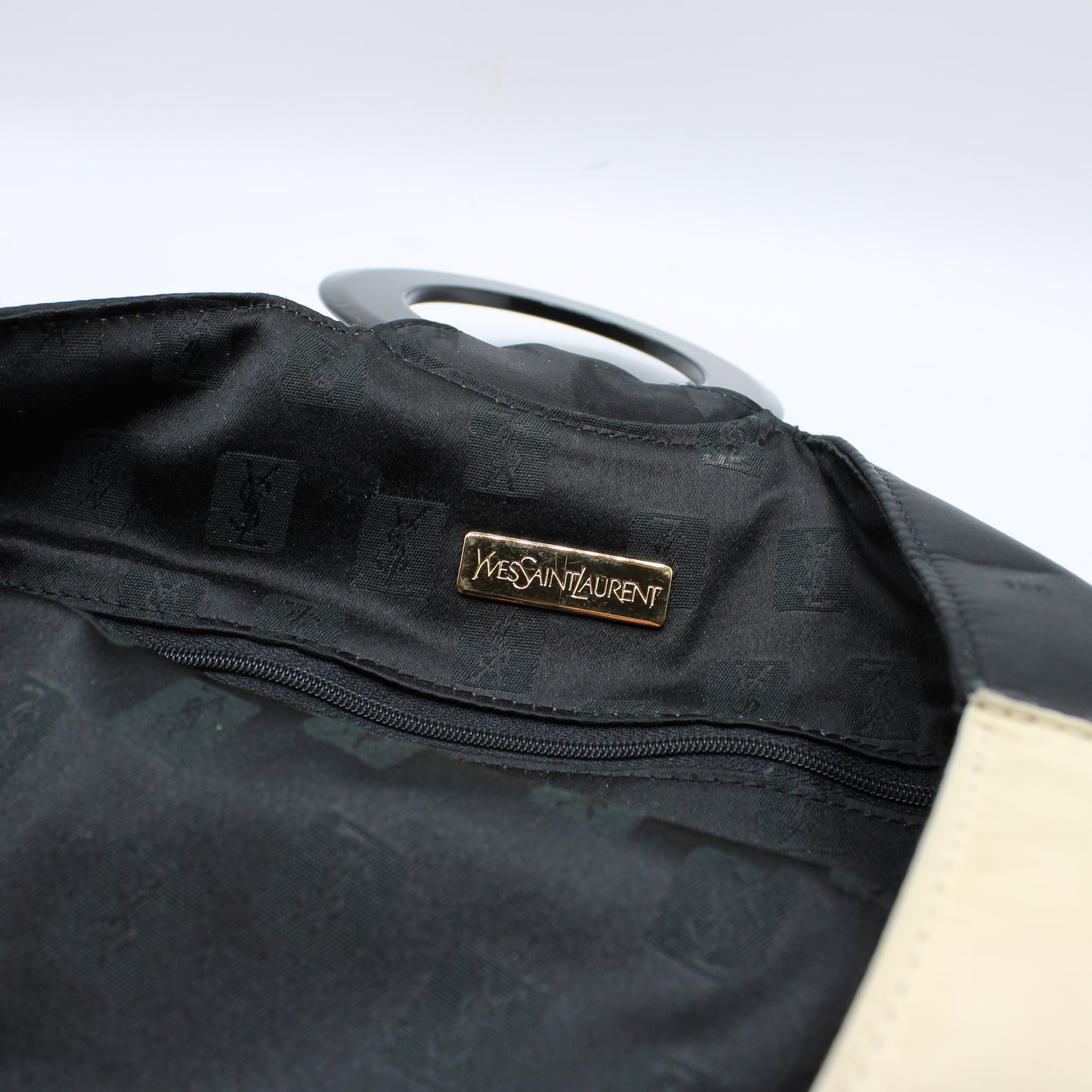 Yves Saint Laurent Black White Cloth Logo Ring Handle Tote Bag