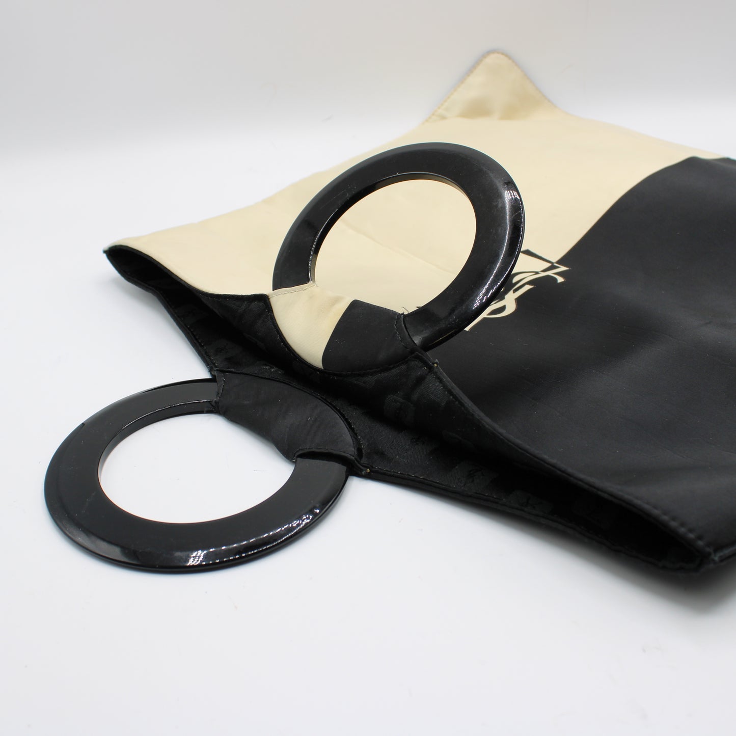 Yves Saint Laurent Black White Cloth Logo Ring Handle Tote Bag