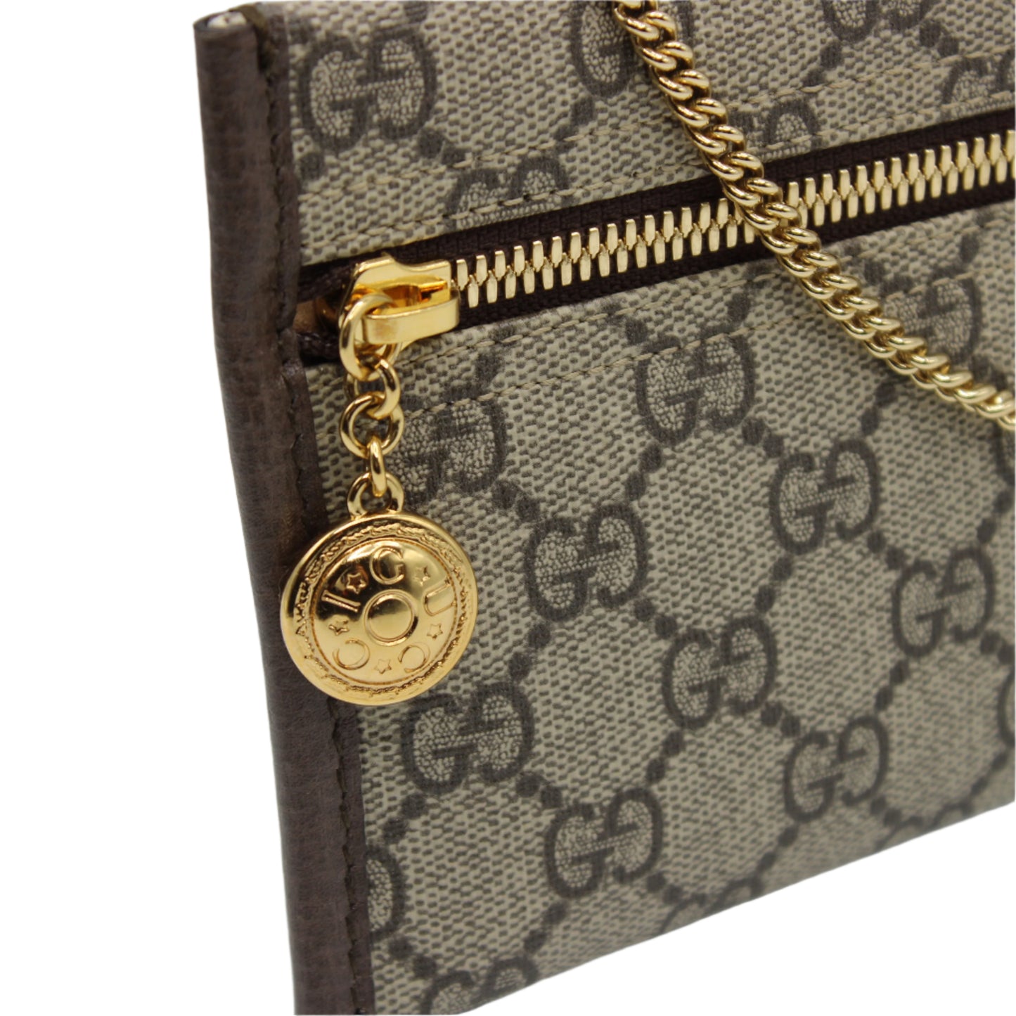 Gucci Beige GG Canvas Leather Trim Chain Clutch Bag