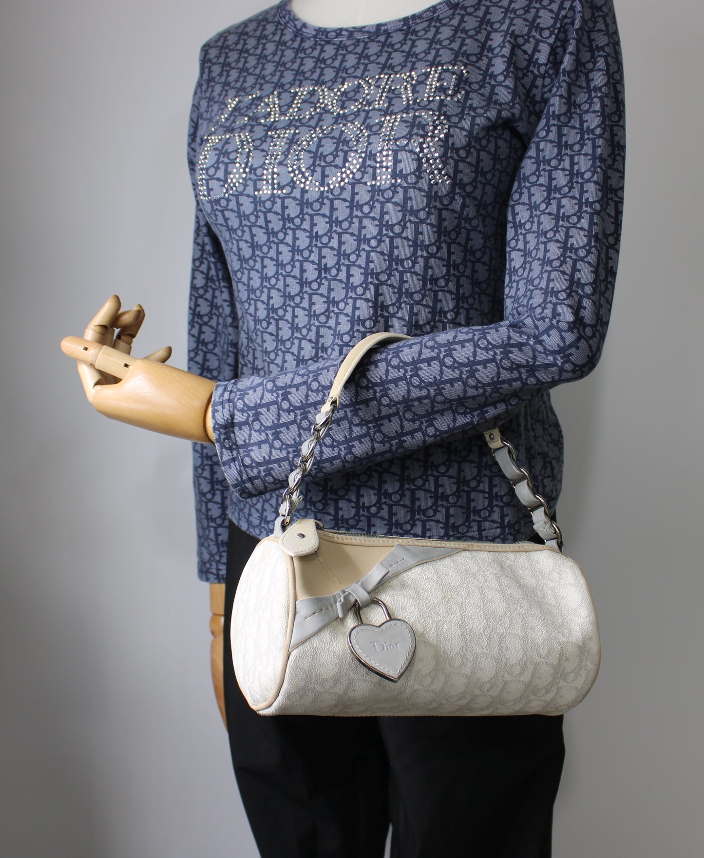 Christian Dior Off White Canvas Romantique Barrel Bag With Leather Trim