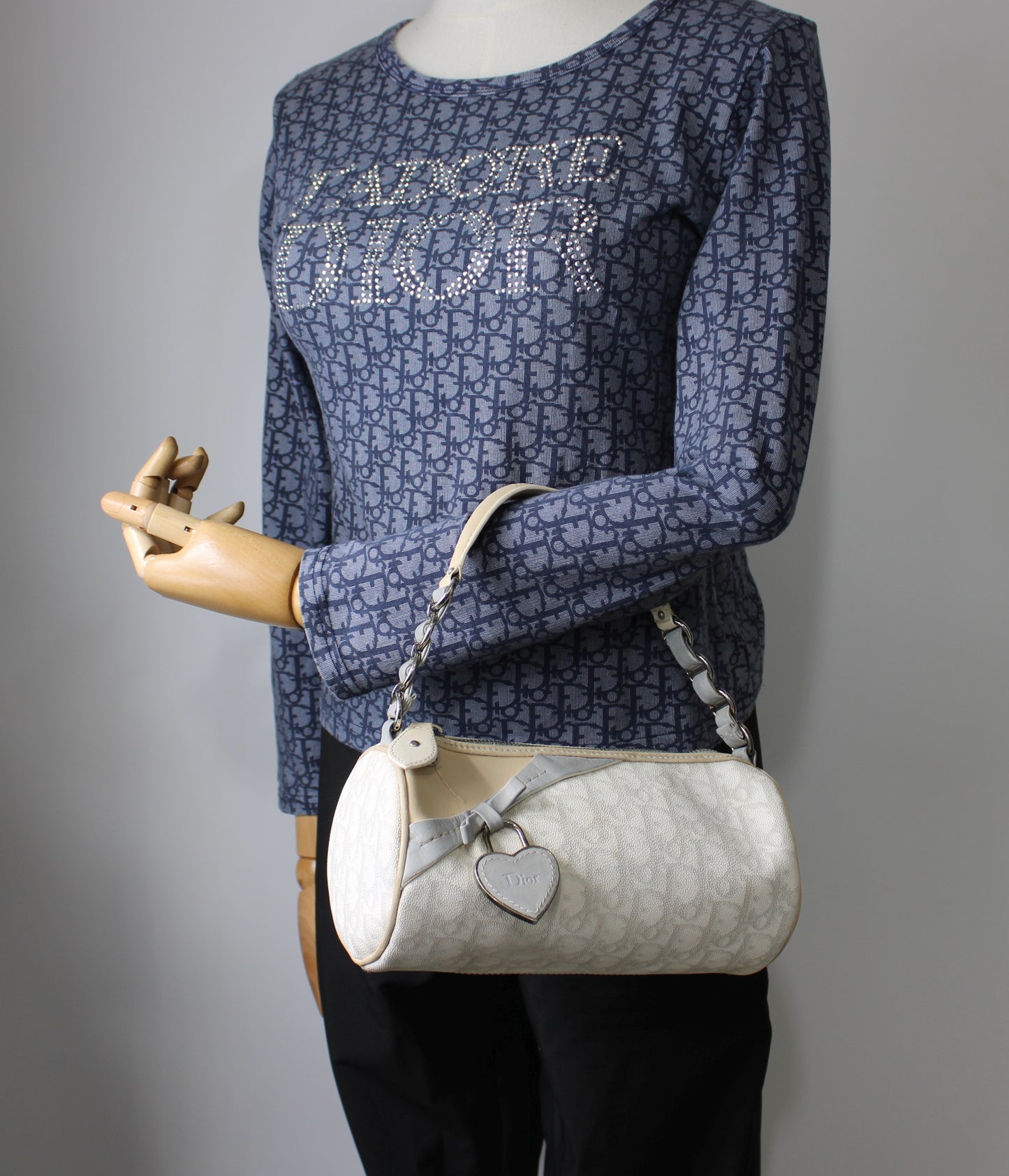 Christian Dior Off White Canvas Romantique Barrel Bag With Leather Trim