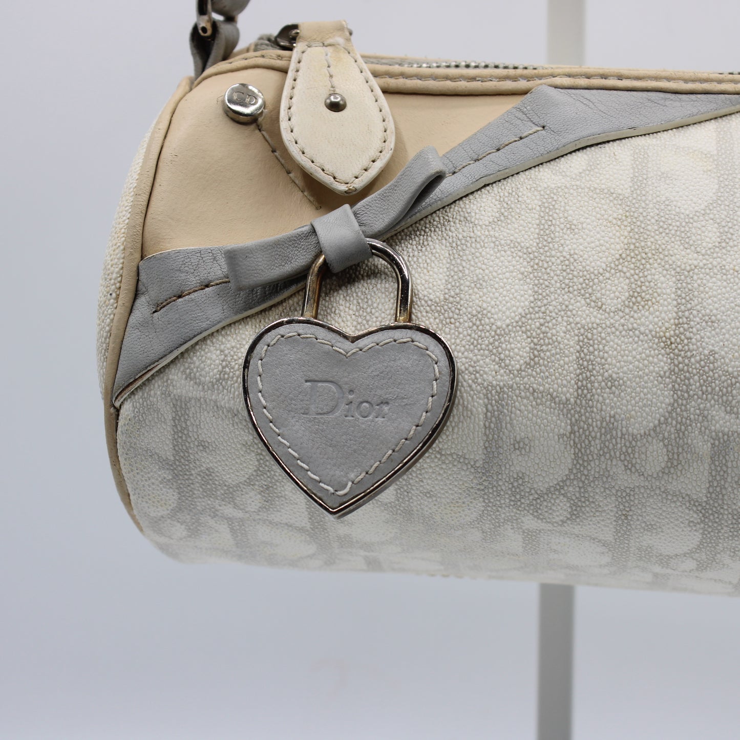 Christian Dior Off White Canvas Romantique Barrel Bag With Leather Trim