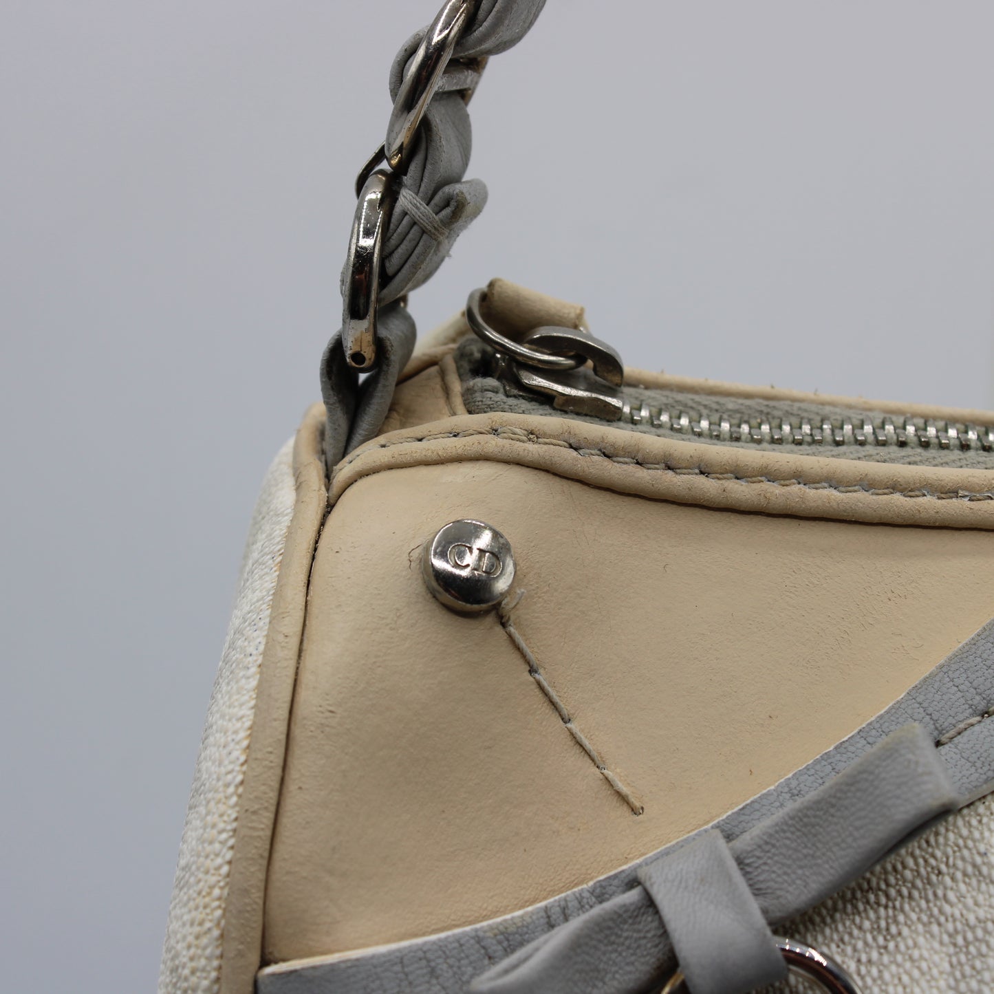 Christian Dior Off White Canvas Romantique Barrel Bag With Leather Trim