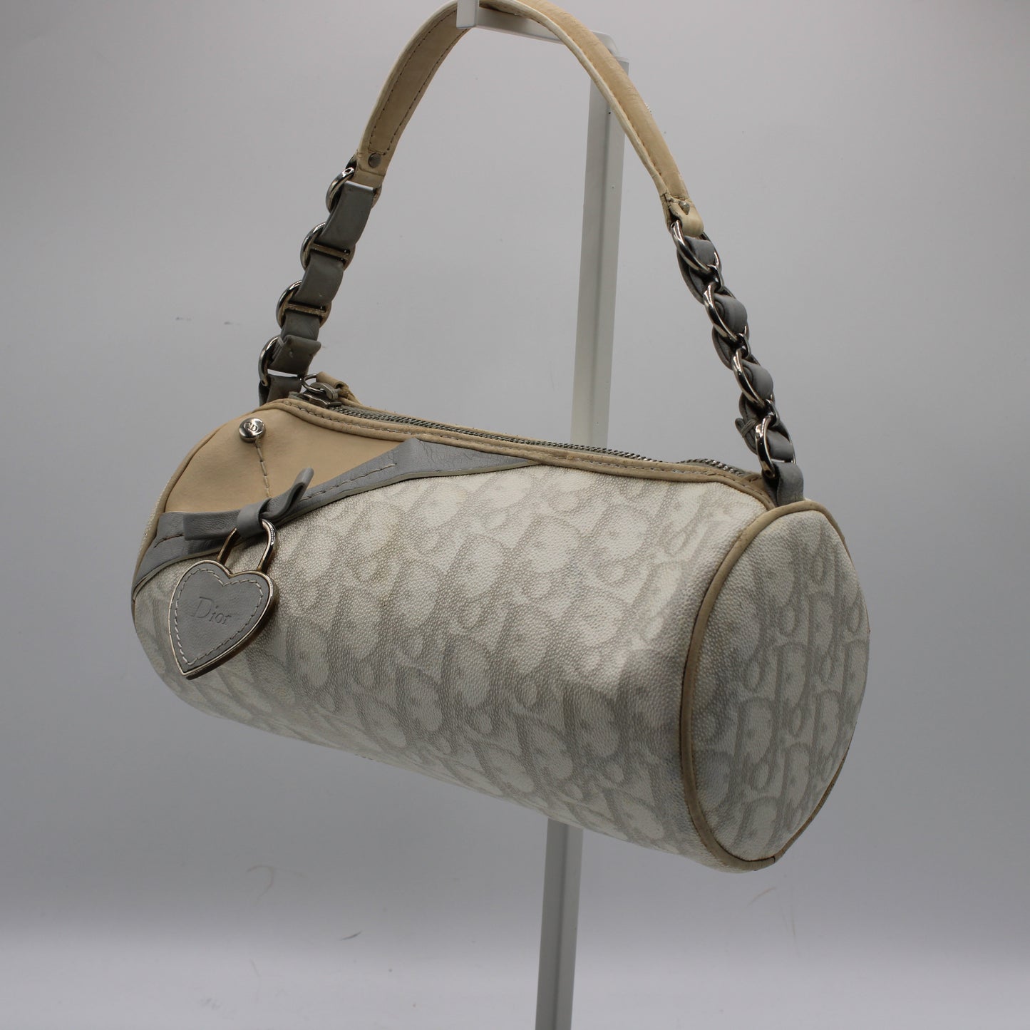 Christian Dior Off White Canvas Romantique Barrel Bag With Leather Trim