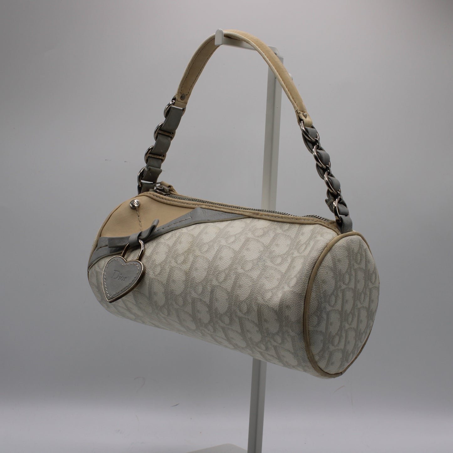Christian Dior Off White Canvas Romantique Barrel Bag With Leather Trim