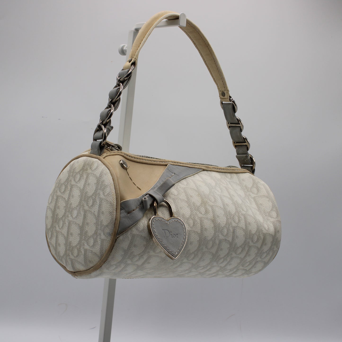 Christian Dior Off White Canvas Romantique Barrel Bag With Leather Trim