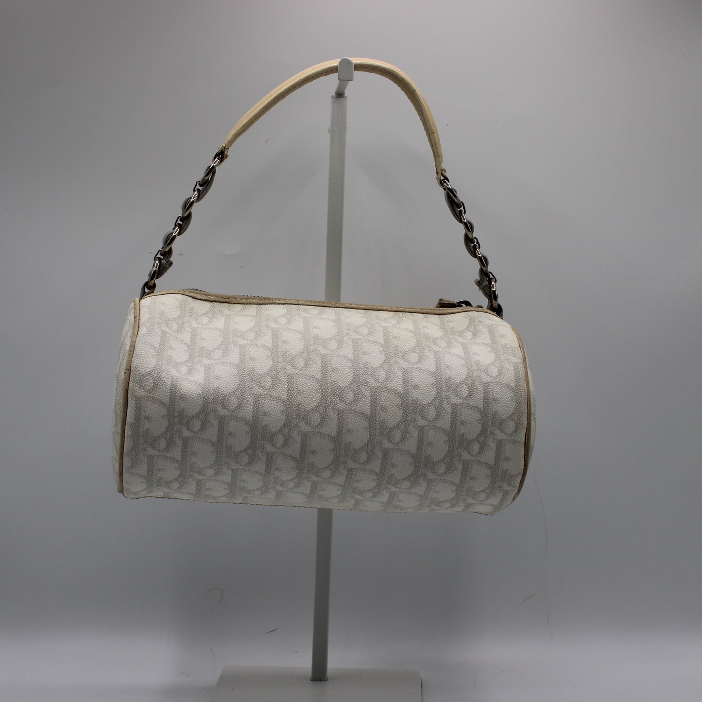 Christian Dior Off White Canvas Romantique Barrel Bag With Leather Trim
