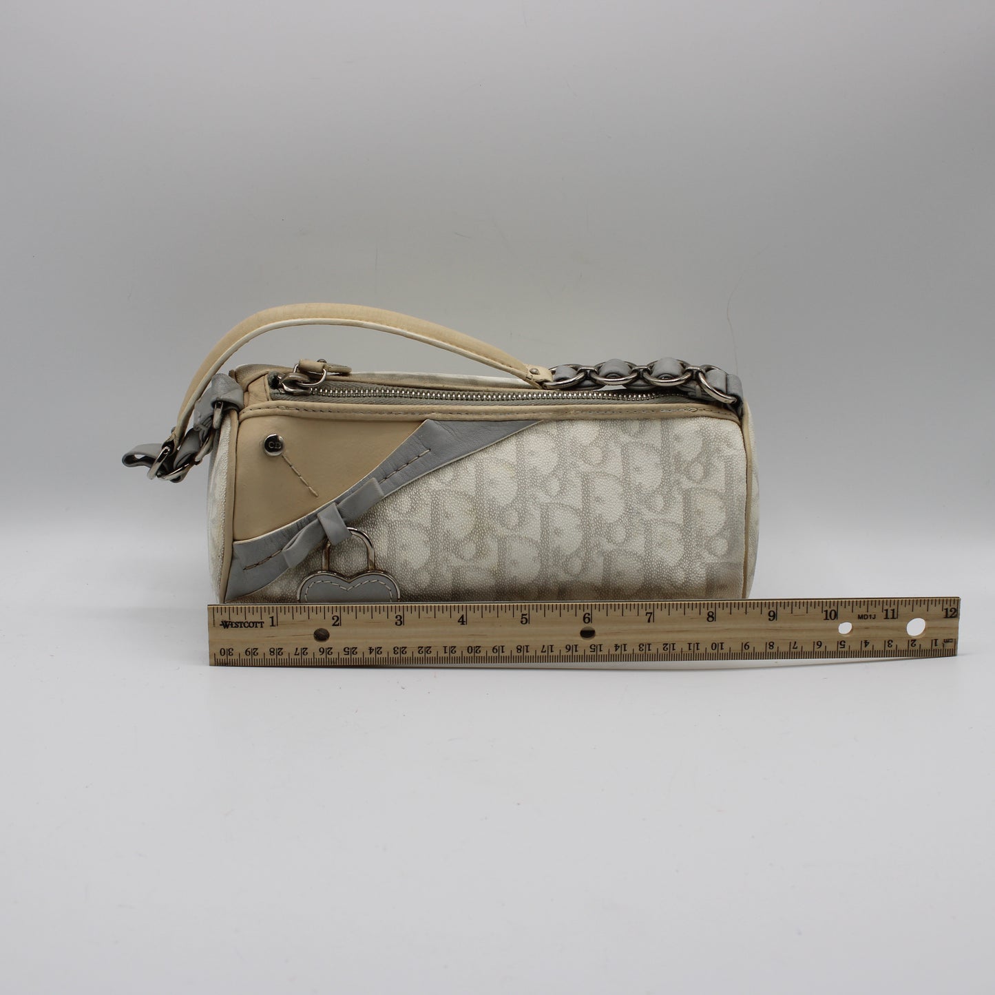 Christian Dior Off White Canvas Romantique Barrel Bag With Leather Trim