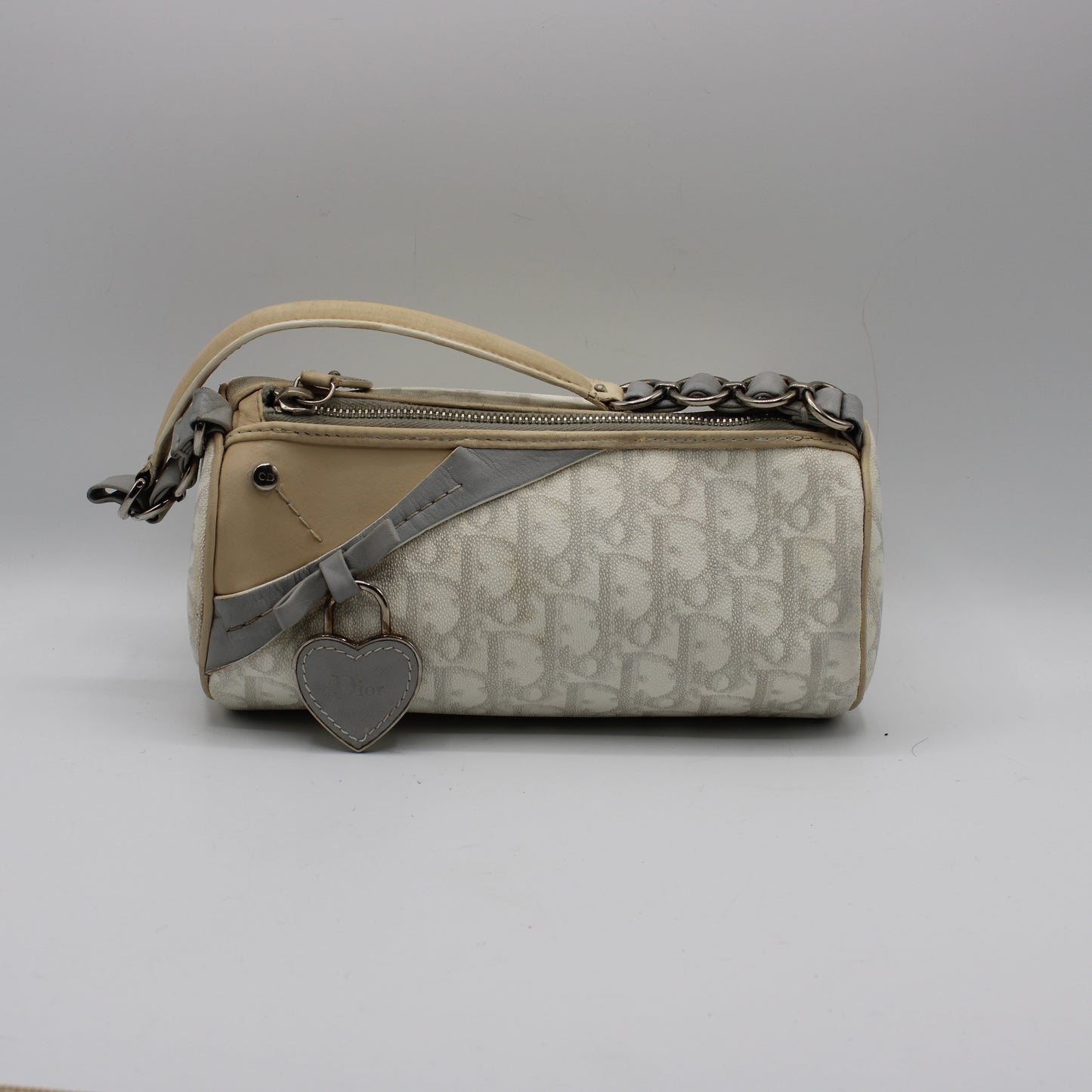 Christian Dior Off White Canvas Romantique Barrel Bag With Leather Trim