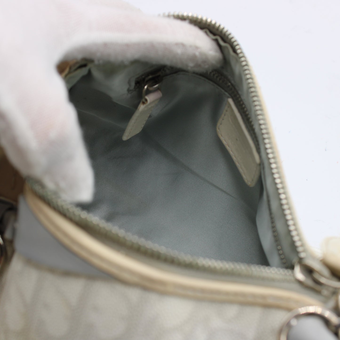 Christian Dior Off White Canvas Romantique Barrel Bag With Leather Trim