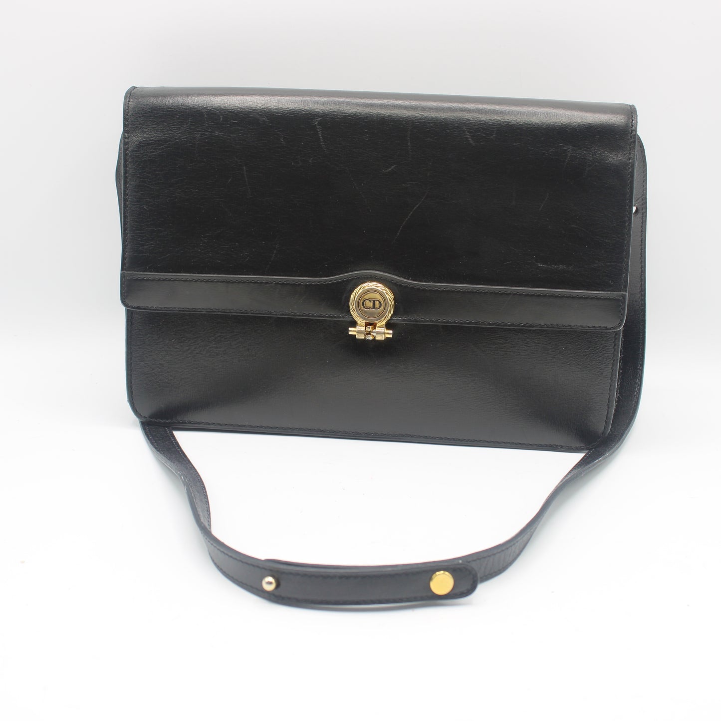 Christian Dior Black Leather Gold Logo Flap Shoulder Bag