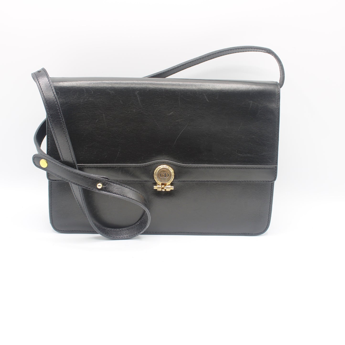 Christian Dior Black Leather Gold Logo Flap Shoulder Bag