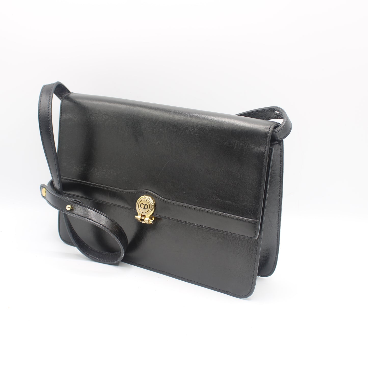 Christian Dior Black Leather Gold Logo Flap Shoulder Bag