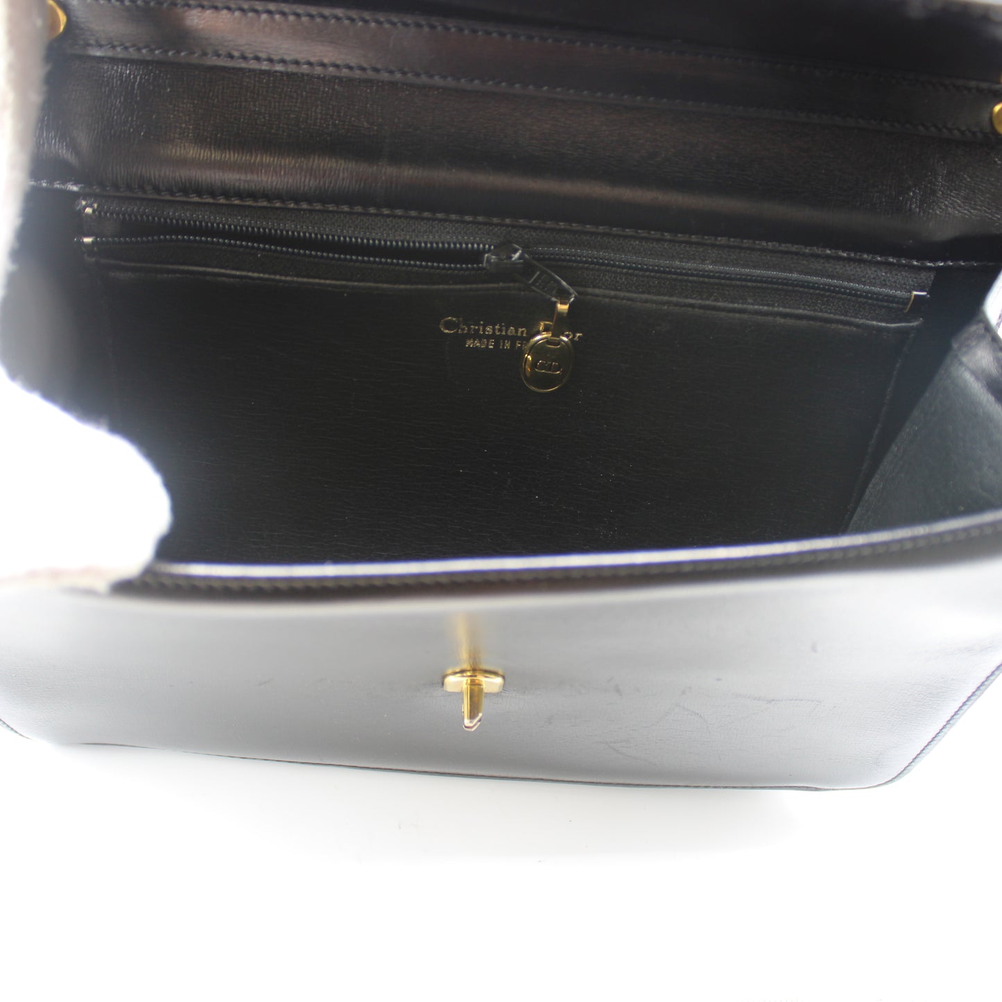 Christian Dior Black Leather Gold Logo Flap Shoulder Bag