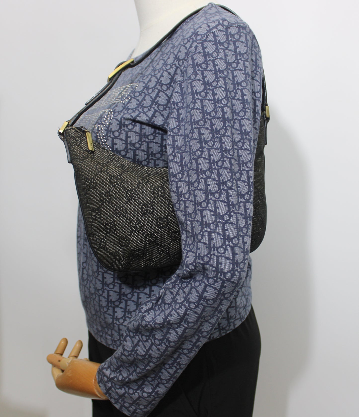 Gucci Black GG Canvas Denim Shoulder Bag Leather Strap