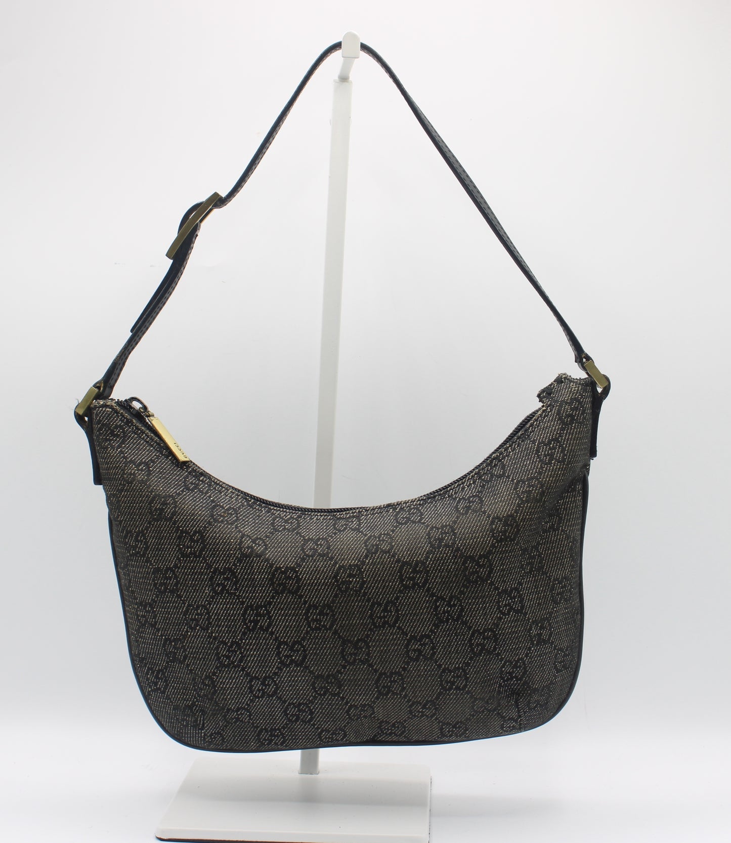 Gucci Black GG Canvas Denim Shoulder Bag Leather Strap