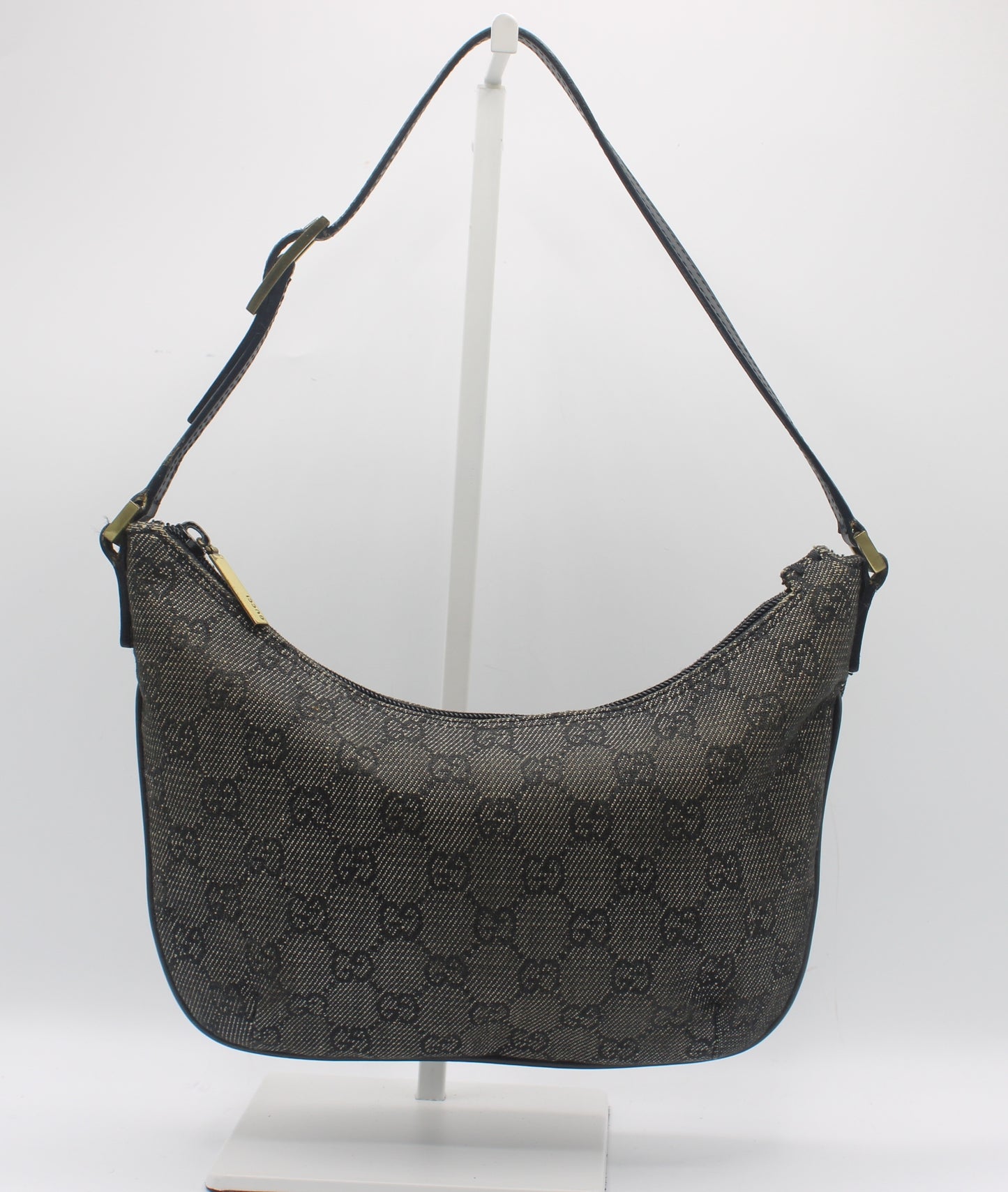 Gucci Black GG Canvas Denim Shoulder Bag Leather Strap