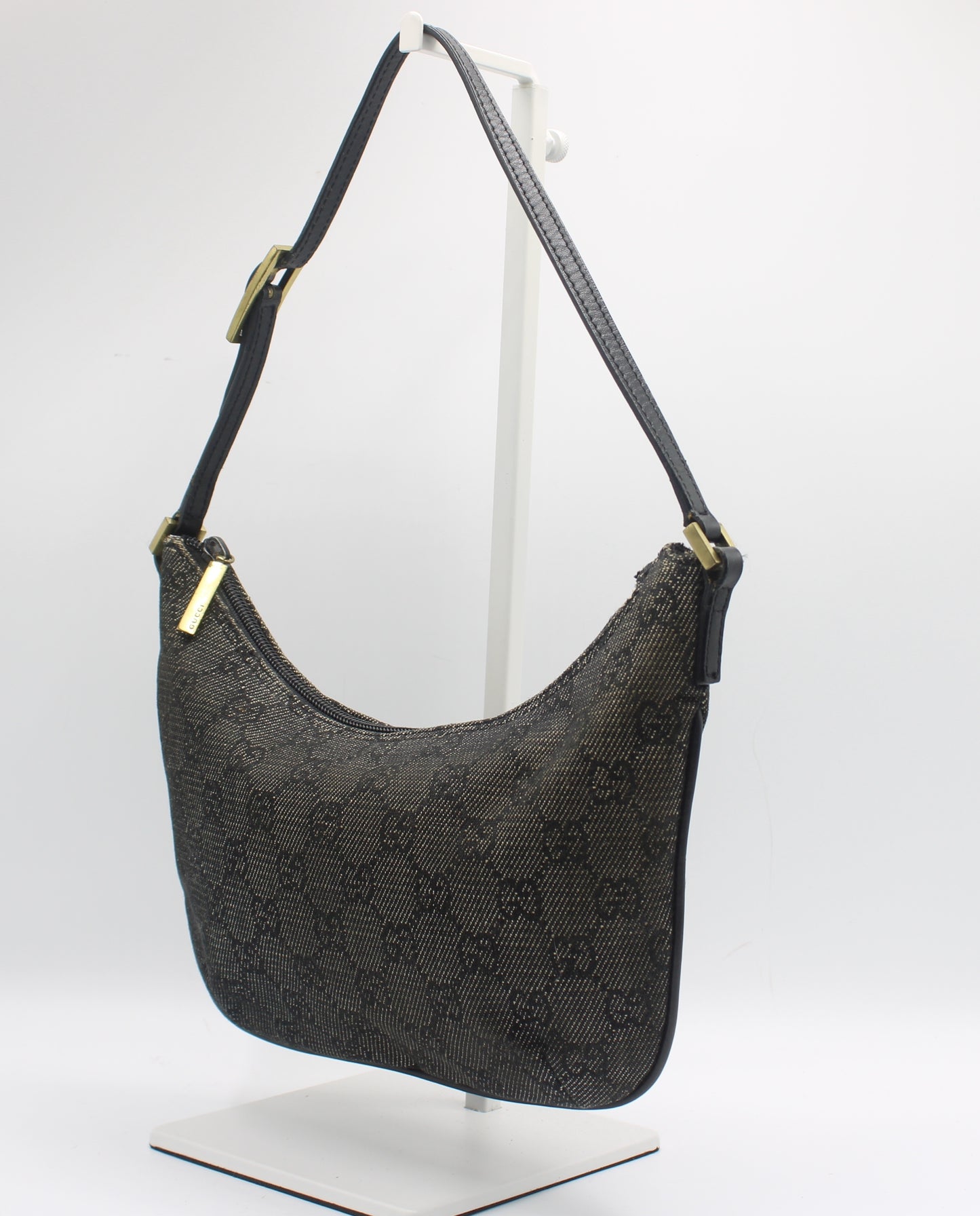 Gucci Black GG Canvas Denim Shoulder Bag Leather Strap