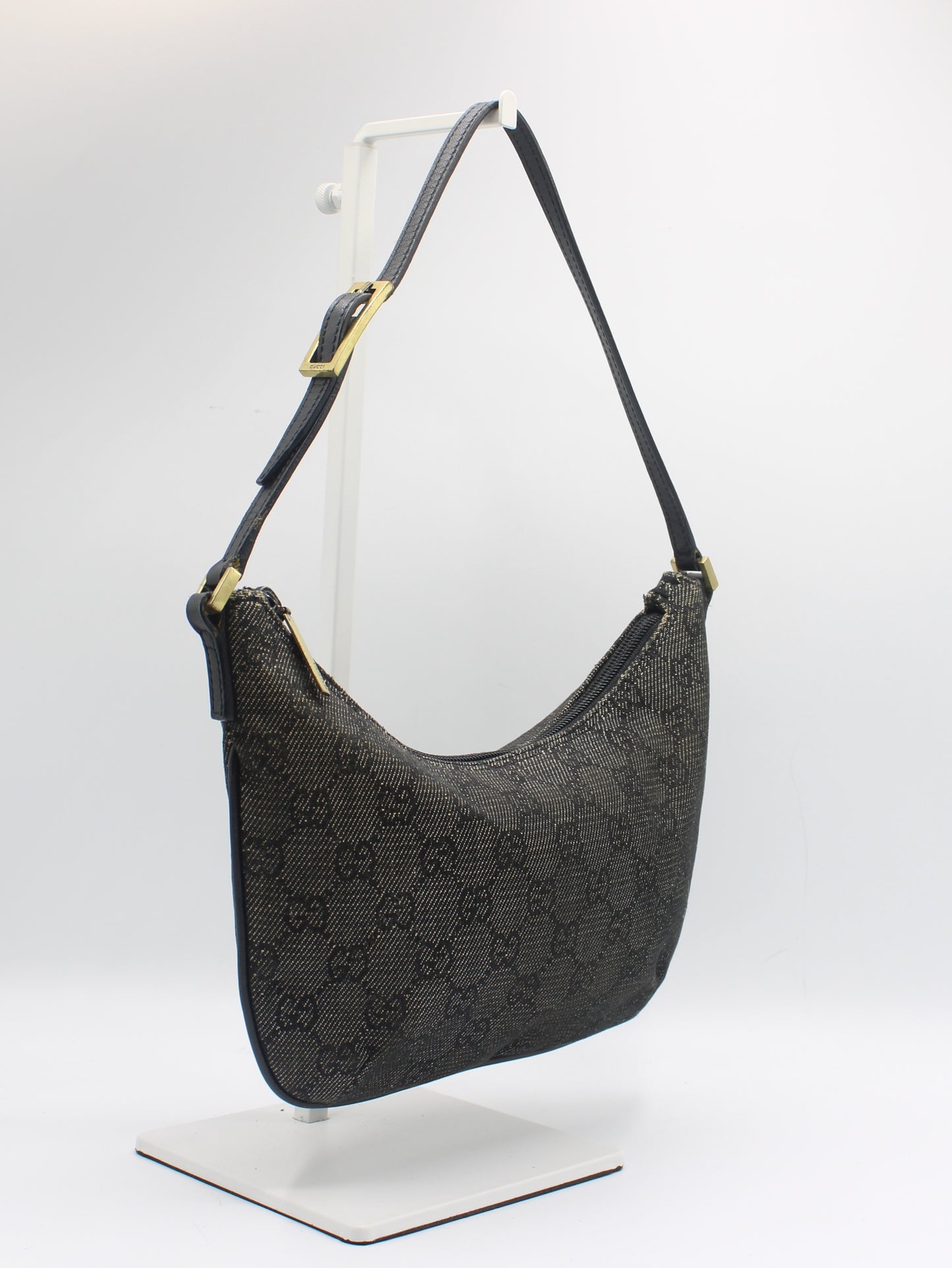 Gucci Black GG Canvas Denim Shoulder Bag Leather Strap