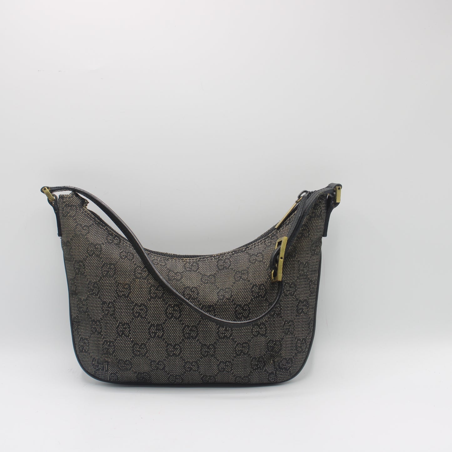 Gucci Black GG Canvas Denim Shoulder Bag Leather Strap