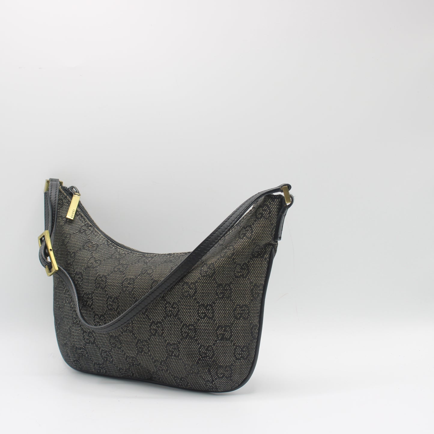 Gucci Black GG Canvas Denim Shoulder Bag Leather Strap