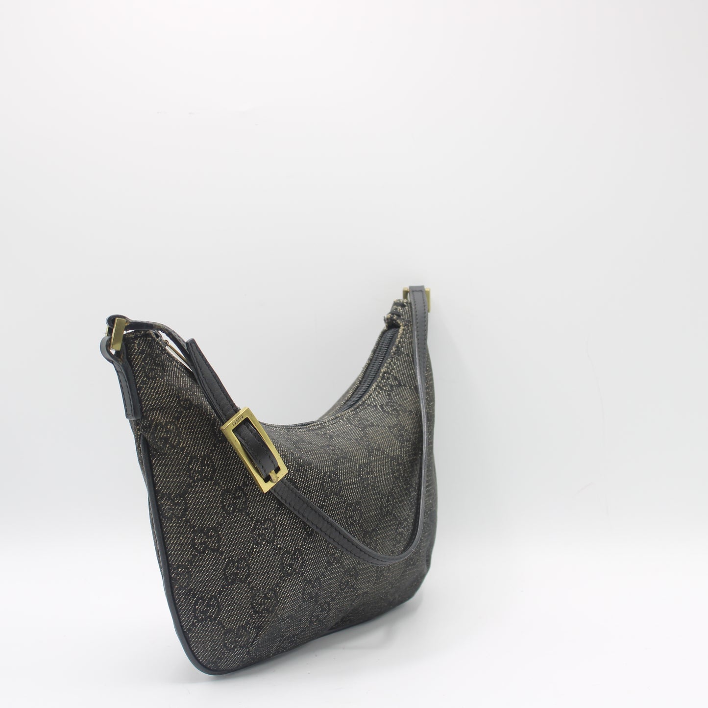 Gucci Black GG Canvas Denim Shoulder Bag Leather Strap