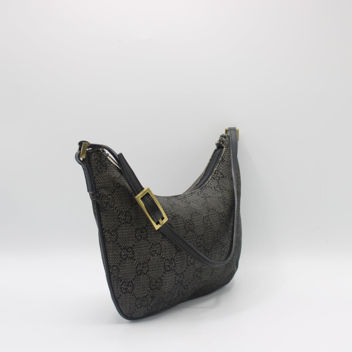 Gucci Black GG Canvas Denim Shoulder Bag Leather Strap