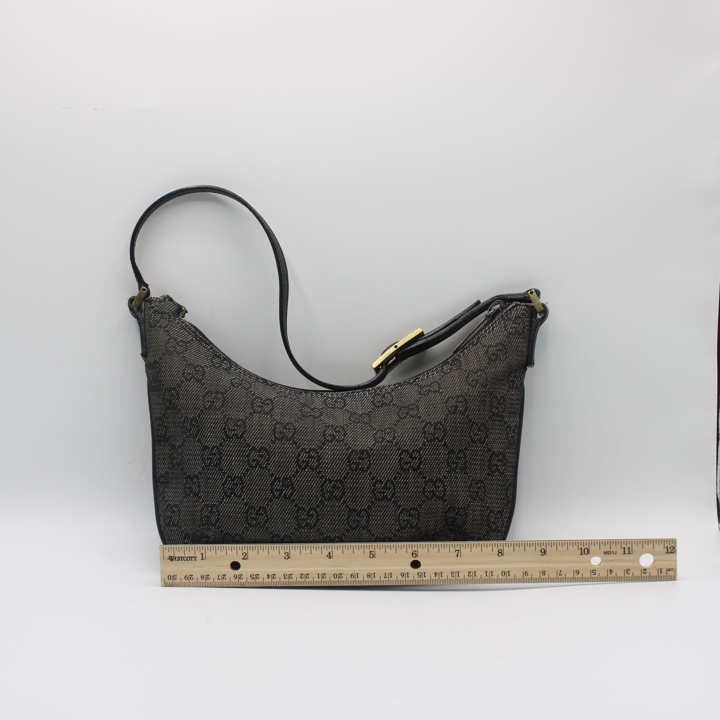 Gucci Black GG Canvas Denim Shoulder Bag Leather Strap