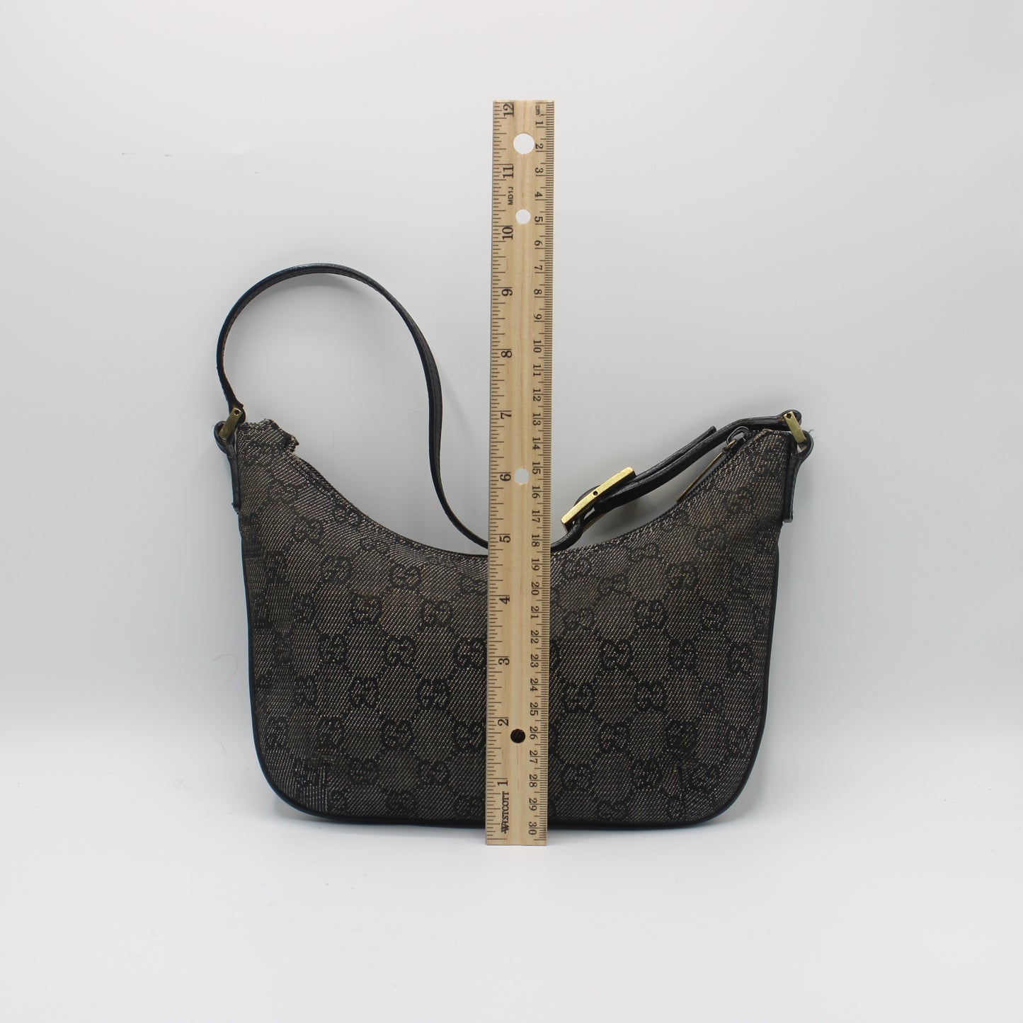 Gucci Black GG Canvas Denim Shoulder Bag Leather Strap