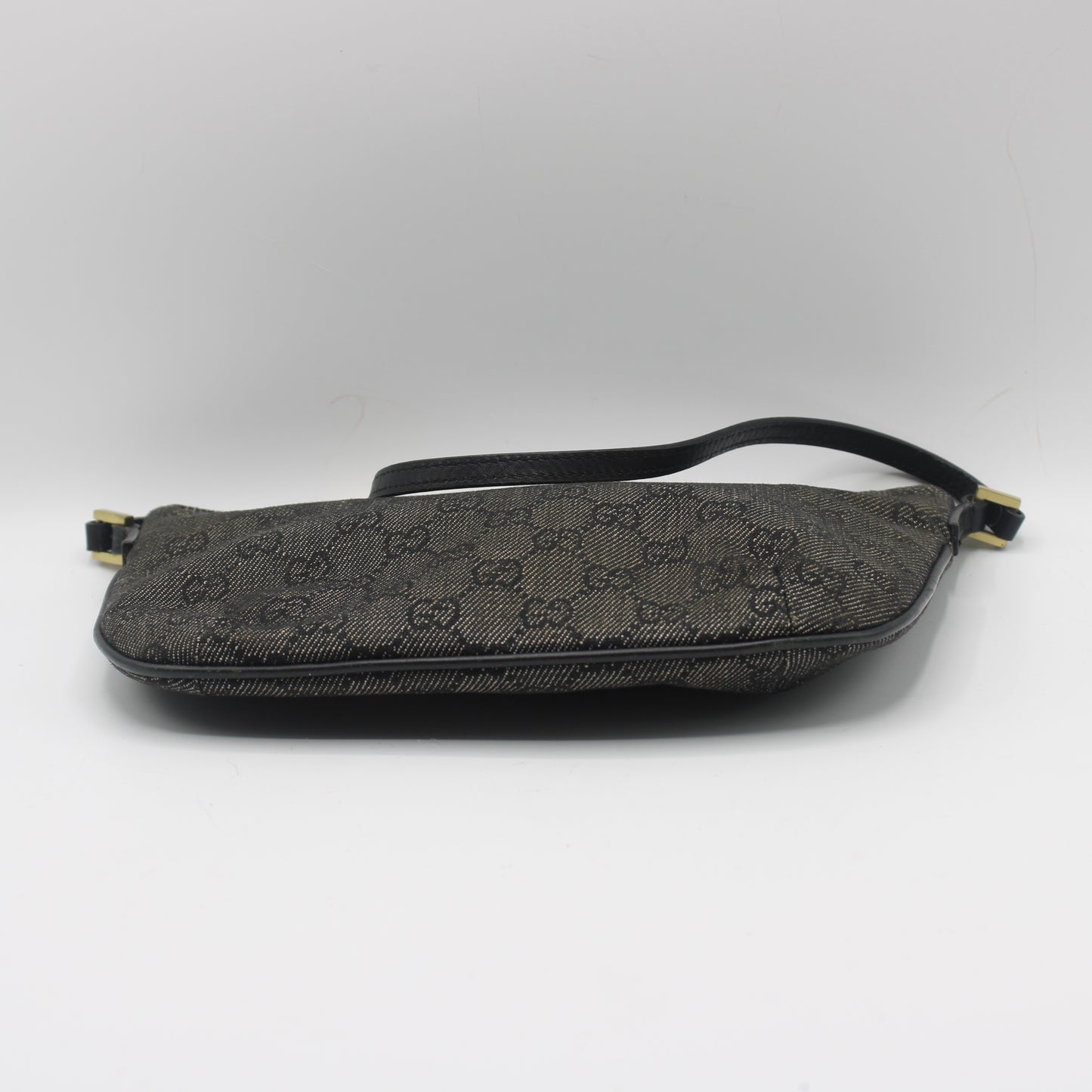 Gucci Black GG Canvas Denim Shoulder Bag Leather Strap